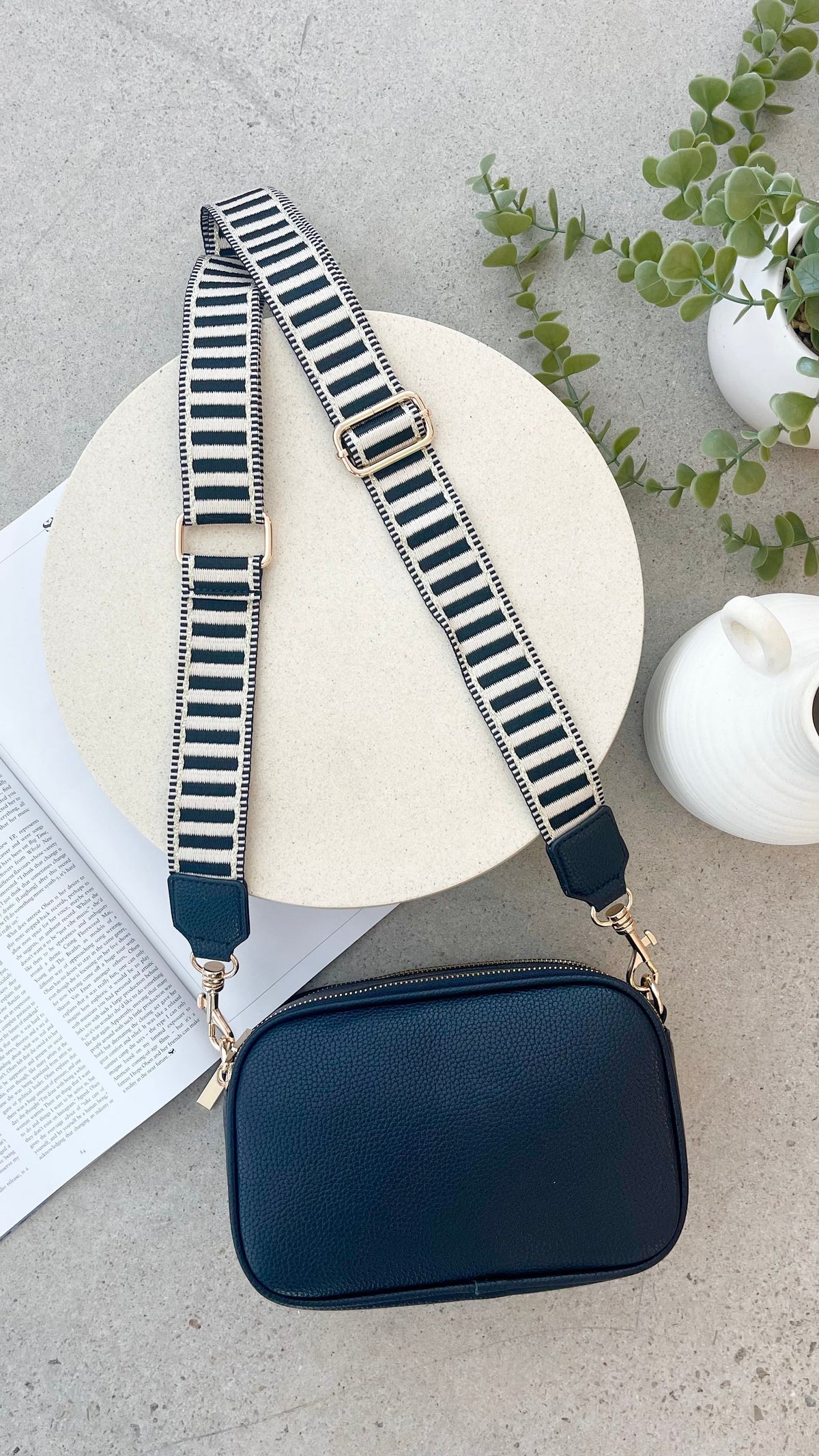 Bella Vegan Leather Camera Bag with Striped Webbing Strap – Black