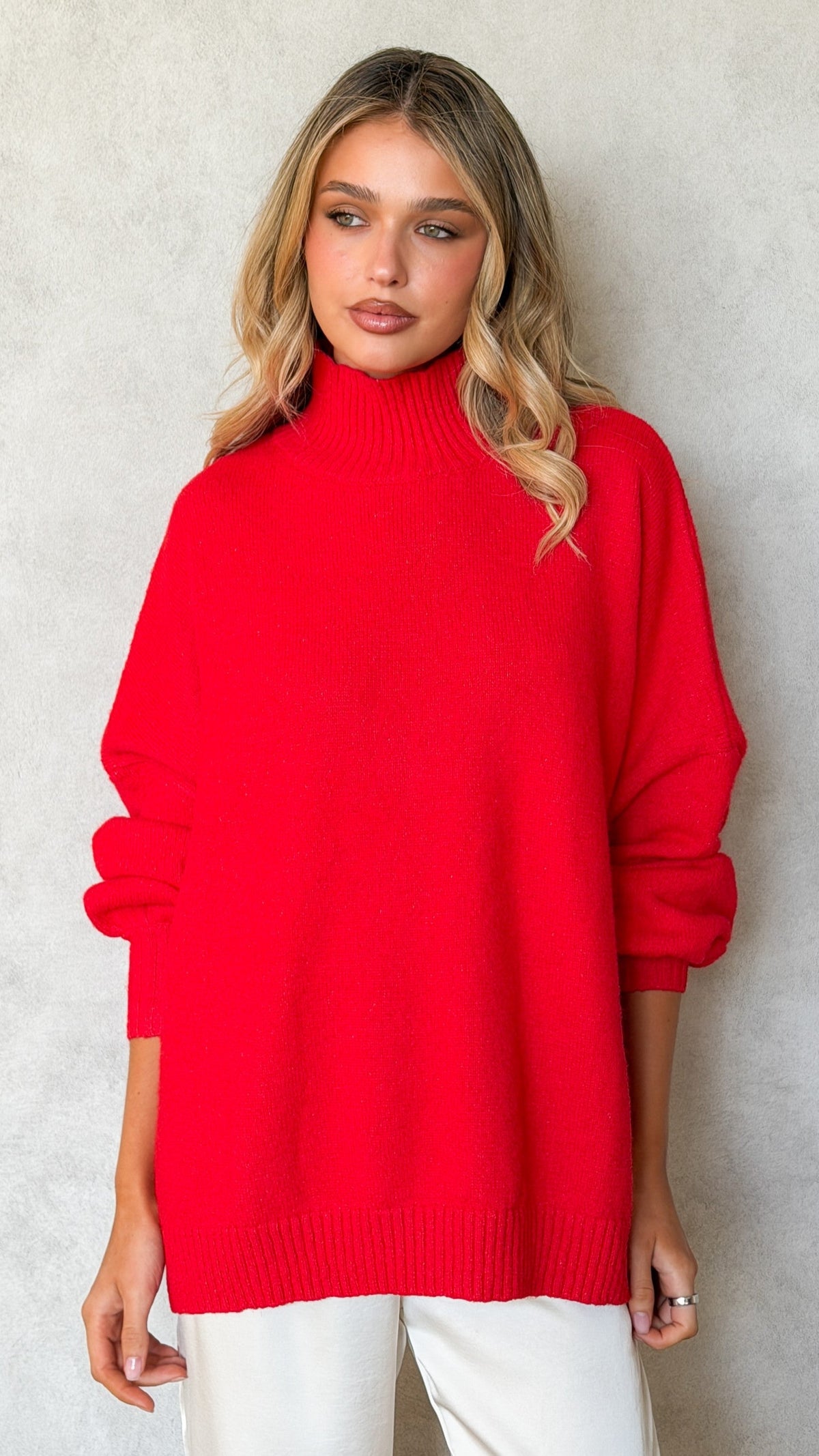 Harita Turtleneck Bell Sleeve Boxy Knit Jumper – Red – view 5