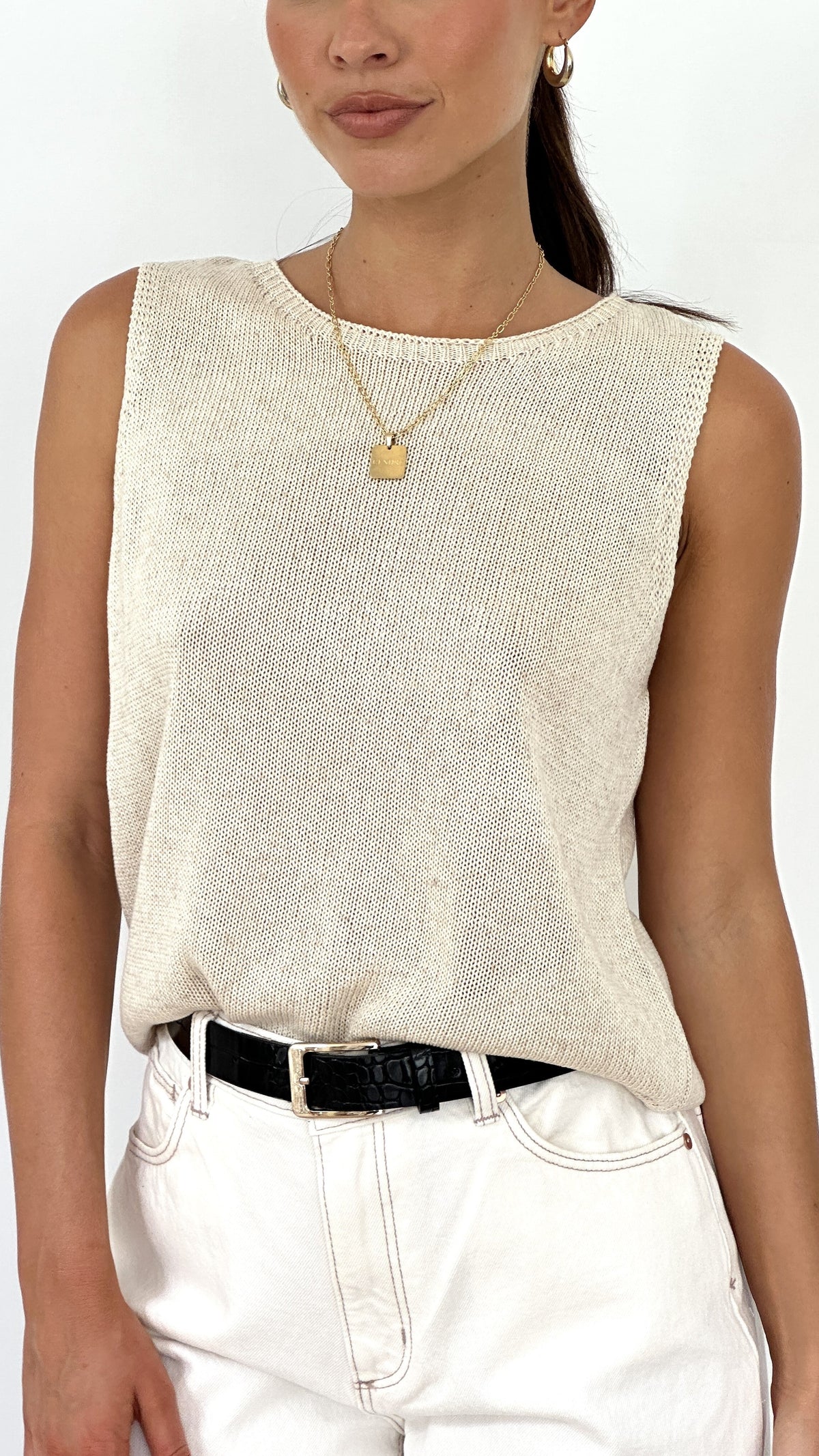 Fareeda Crew Neck Semi-Sheer Knitted Tank Top – Natural – view 10