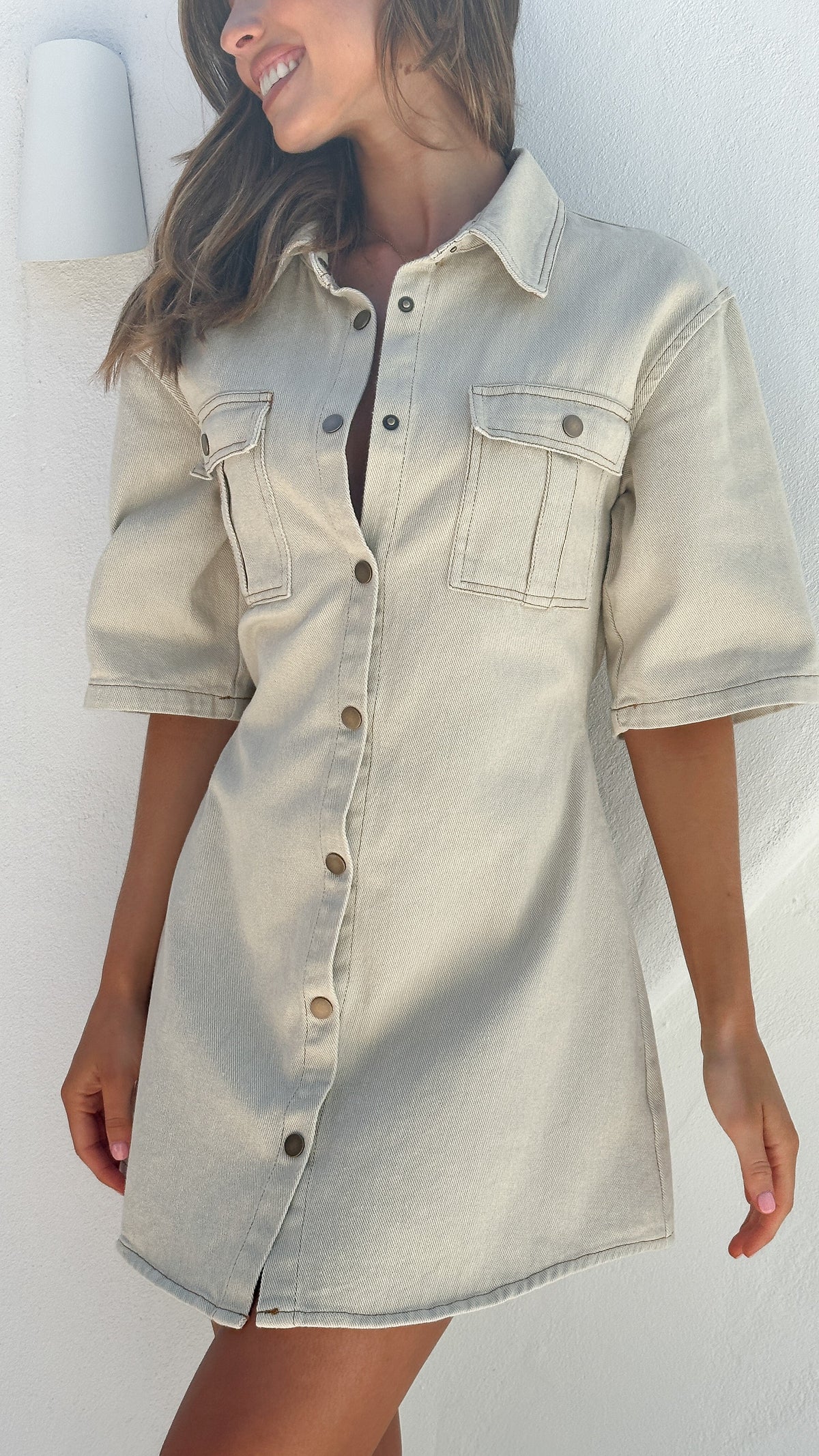 Raz Collared A-Line Cotton Mini Dress with Breast Pockets – Oat Denim – view 4