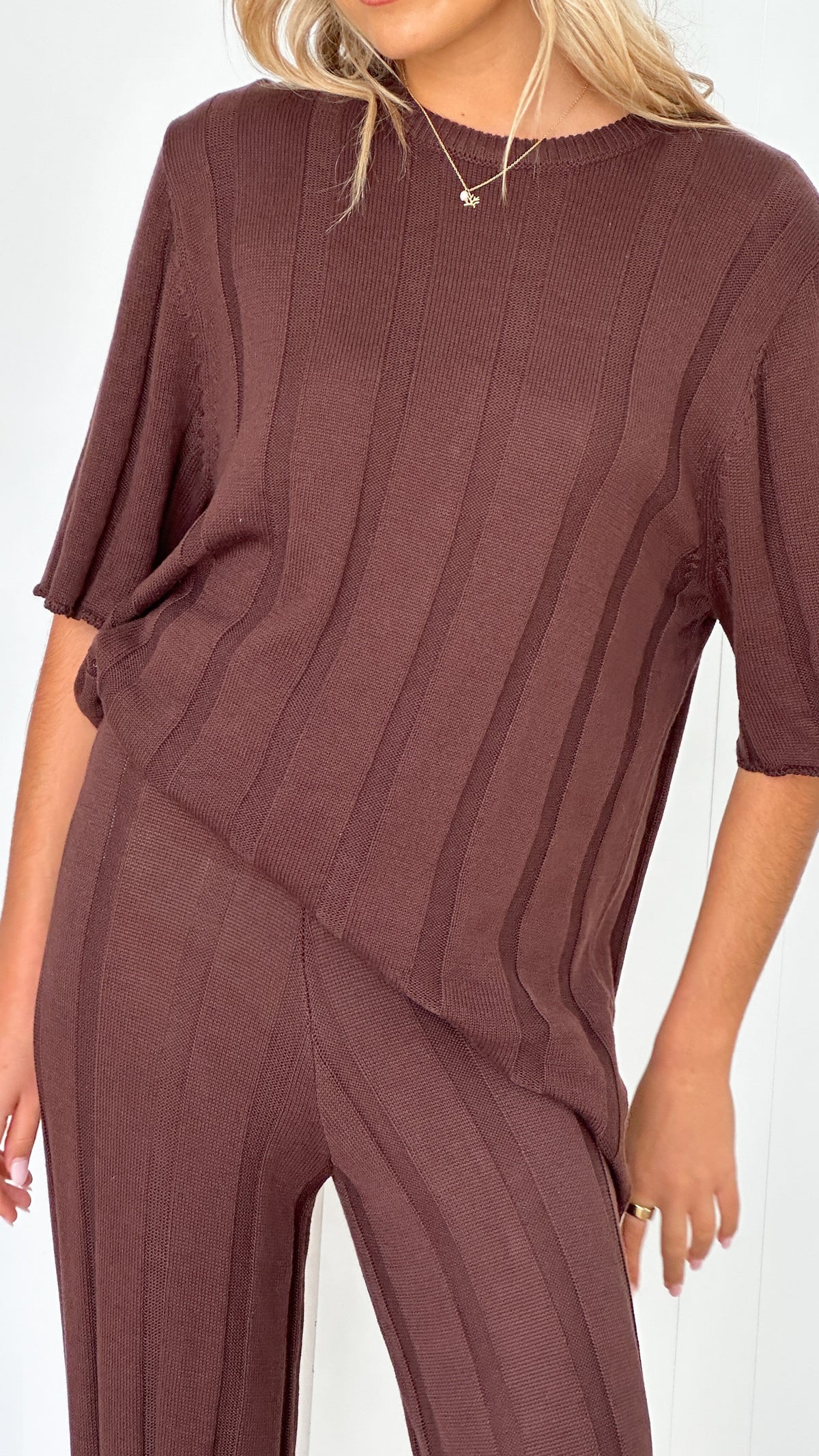 Bayu Relaxed Fit Longline Ribbed Knit Top – Brown – view 12