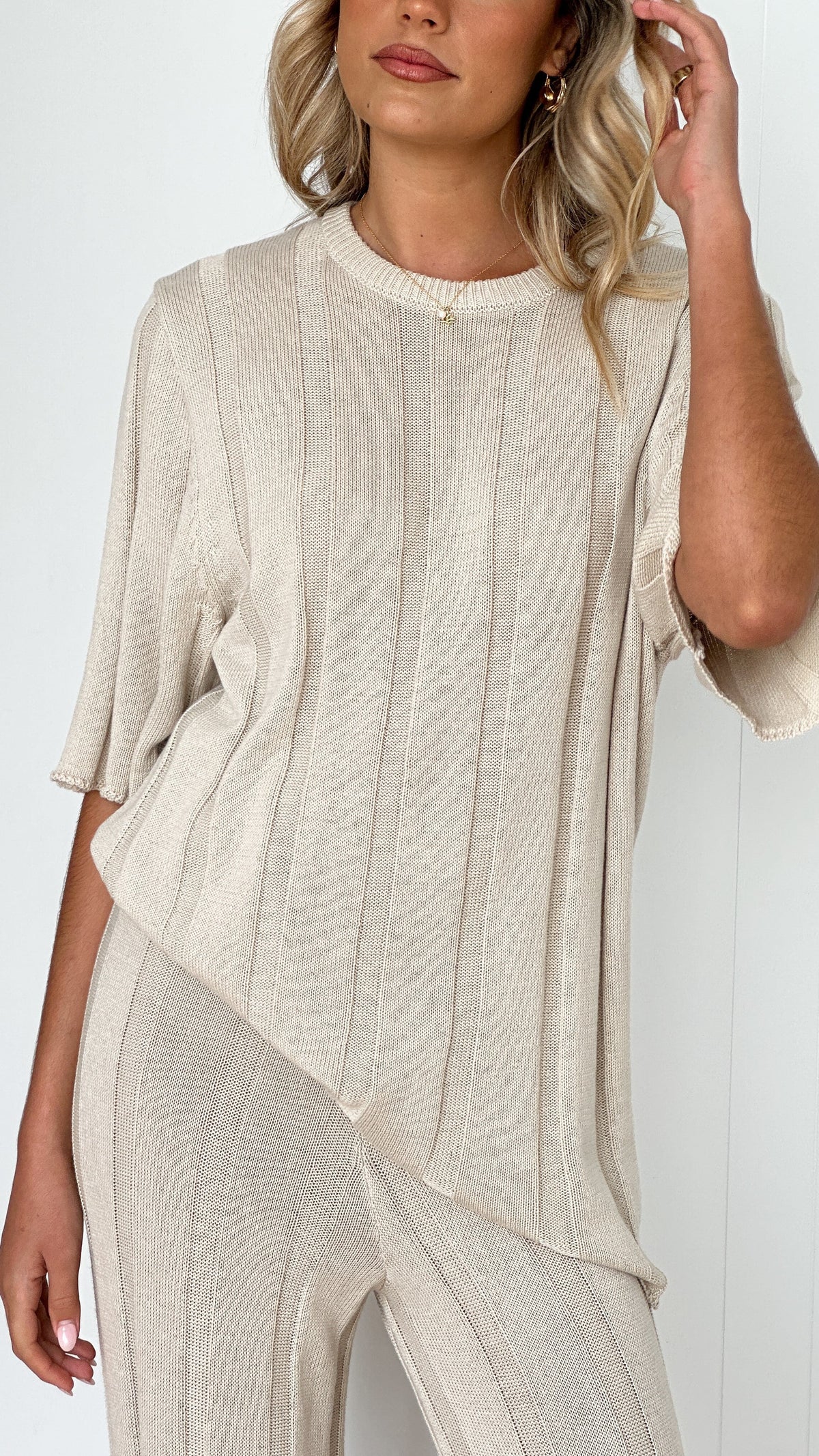 Bayu High Waisted Ribbed Knit Wide Leg Trousers – Cream – view 5