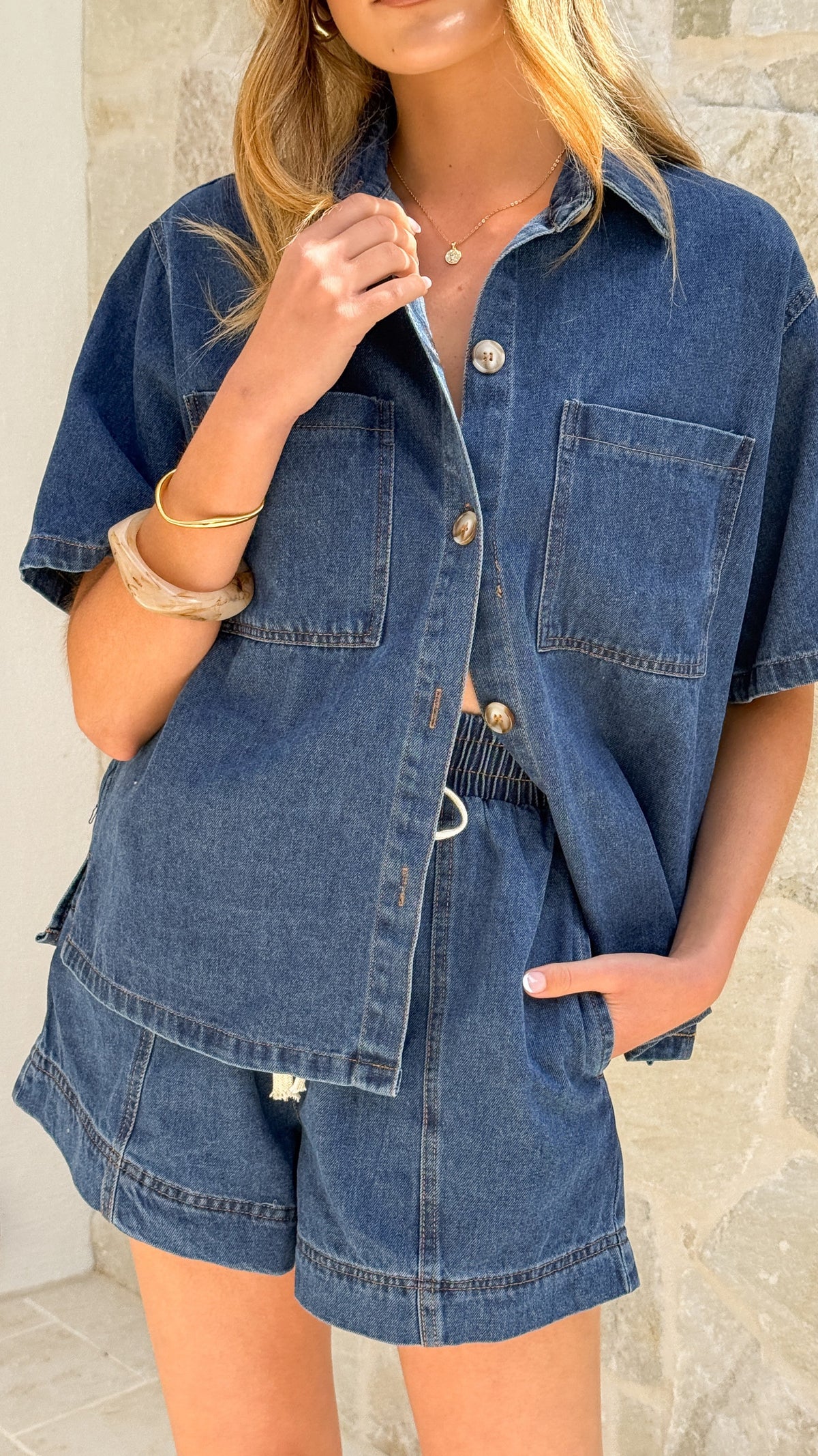 Adia Collared Button-Up Shirt and Tie Waist Shorts Set – Dark Denim – view 10