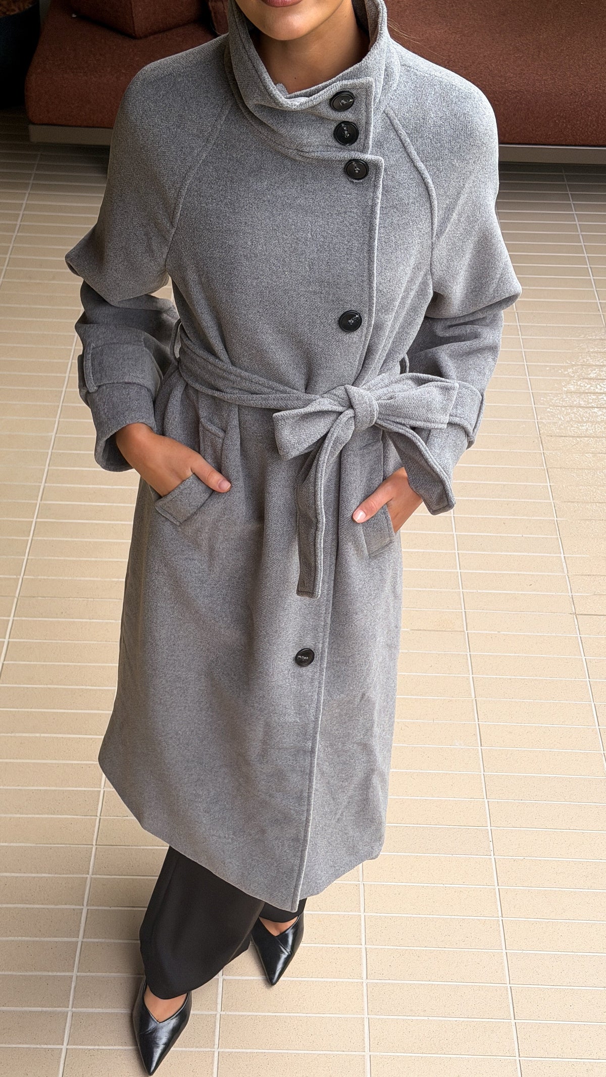 Eden Funnel Neck Longline Coat with Tie Belt – Grey – view 7
