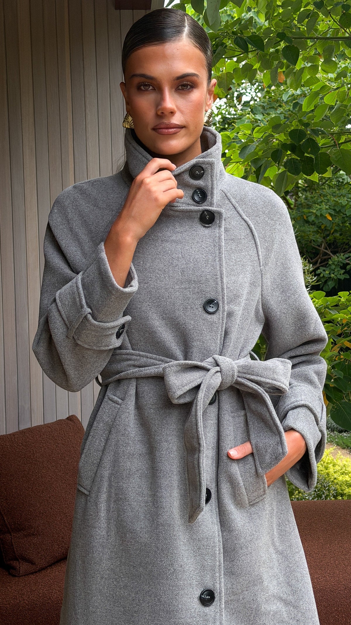 Eden Funnel Neck Longline Coat with Tie Belt – Grey