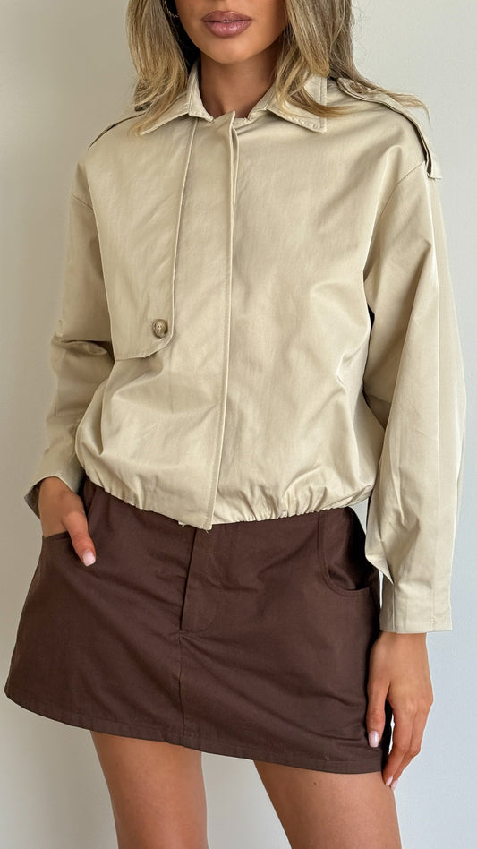Jazz Trench-Style Bomber Jacket with Shoulder Straps – Light Beige