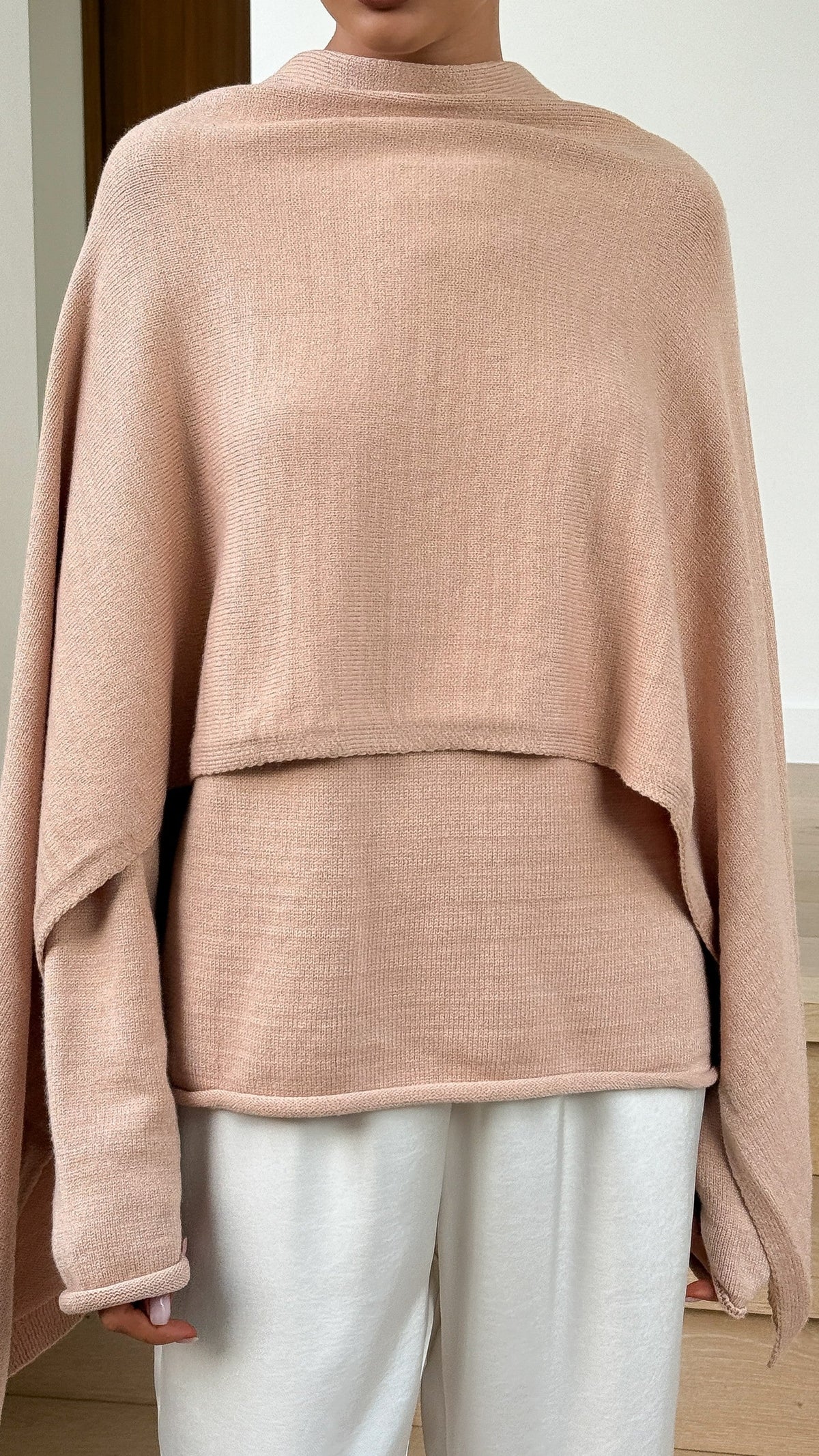 Jazmine Round Neck Rolled Hem Knit Jumper and Wide Scarf Set – Peach