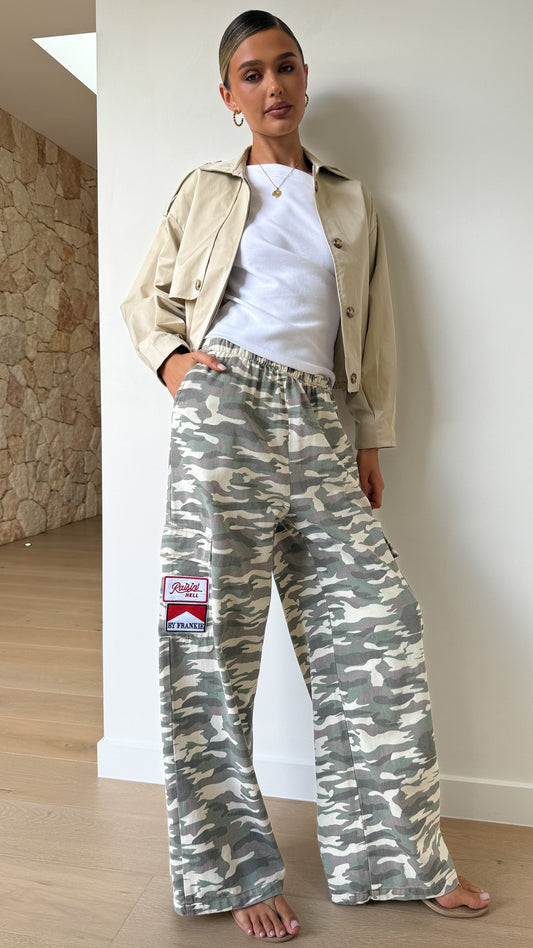 Jazzelle High Waisted Wide Leg Cotton Cargo Trousers – Light Camo