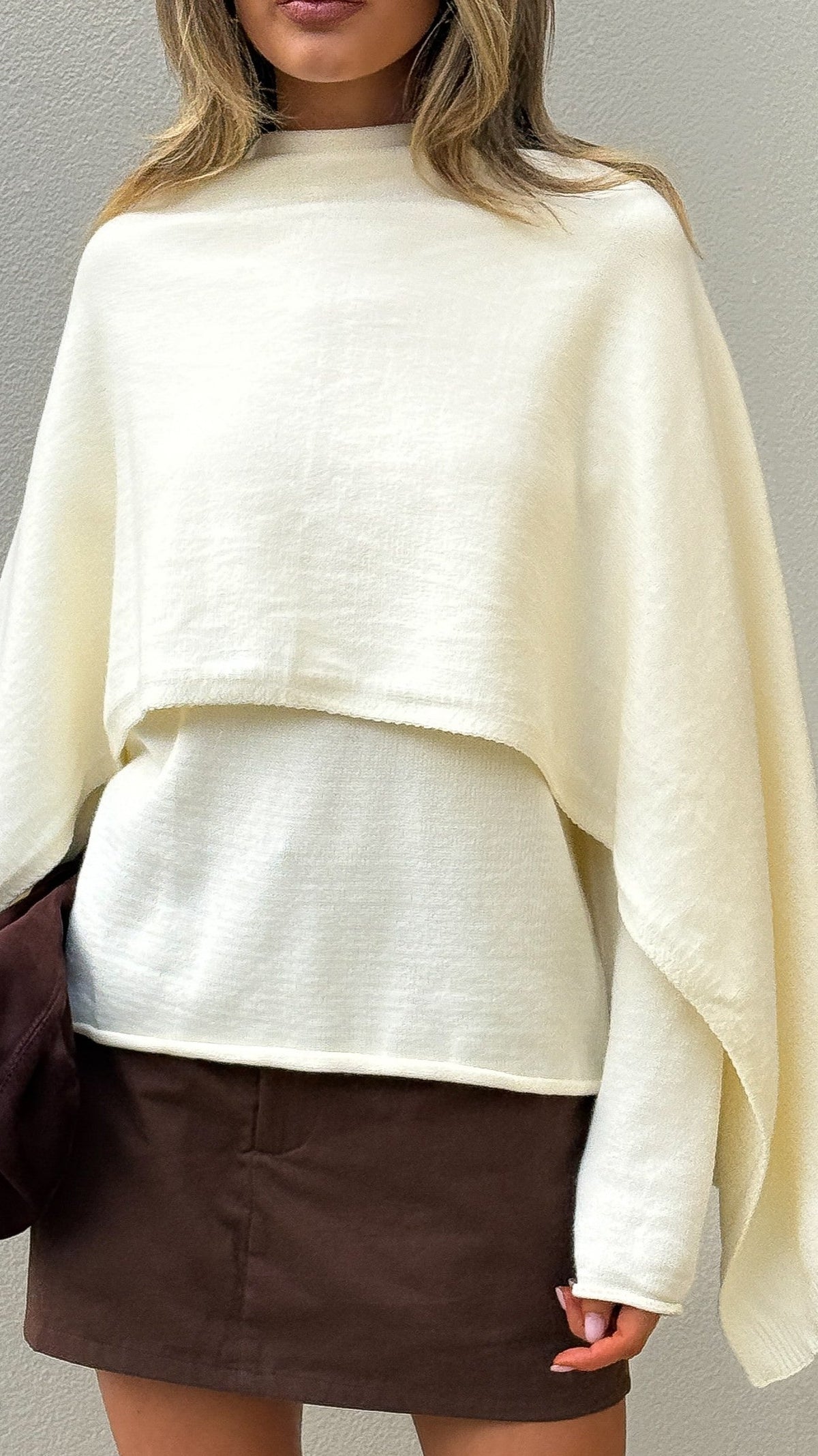 Jazmine Round Neck Rolled Hem Knit Jumper and Wide Scarf Set – Cream – view 4