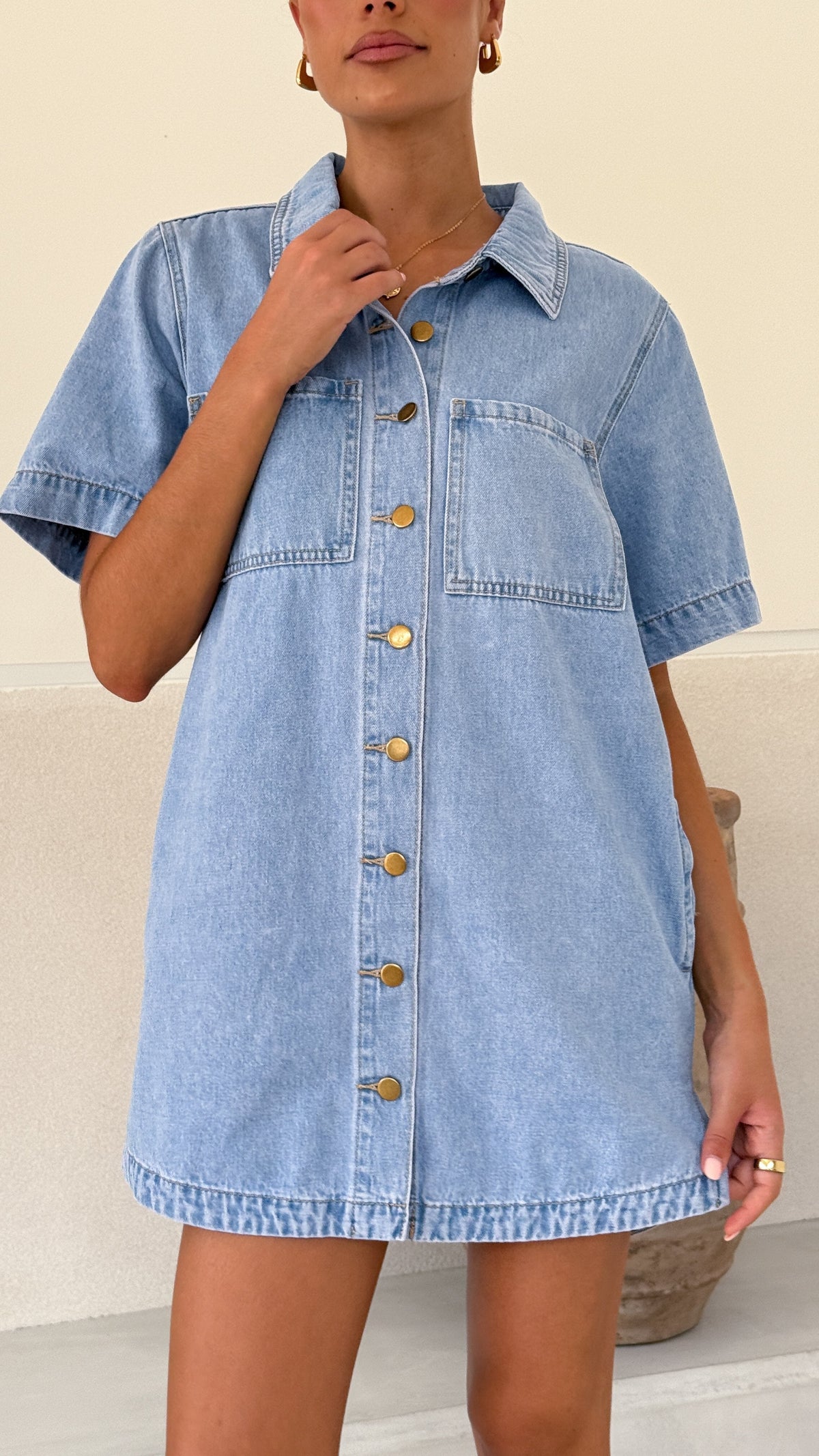 Rayna Button-Down Cotton-Rich Mini Dress with Bust Pockets – Light Denim