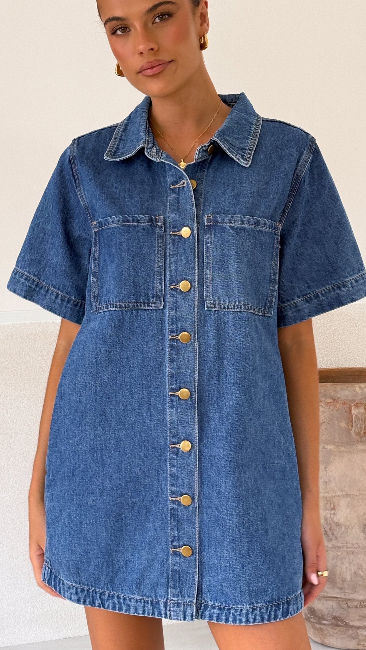 Rayna Button-Down Cotton-Rich Mini Dress with Bust Pockets – Dark Denim – view 5