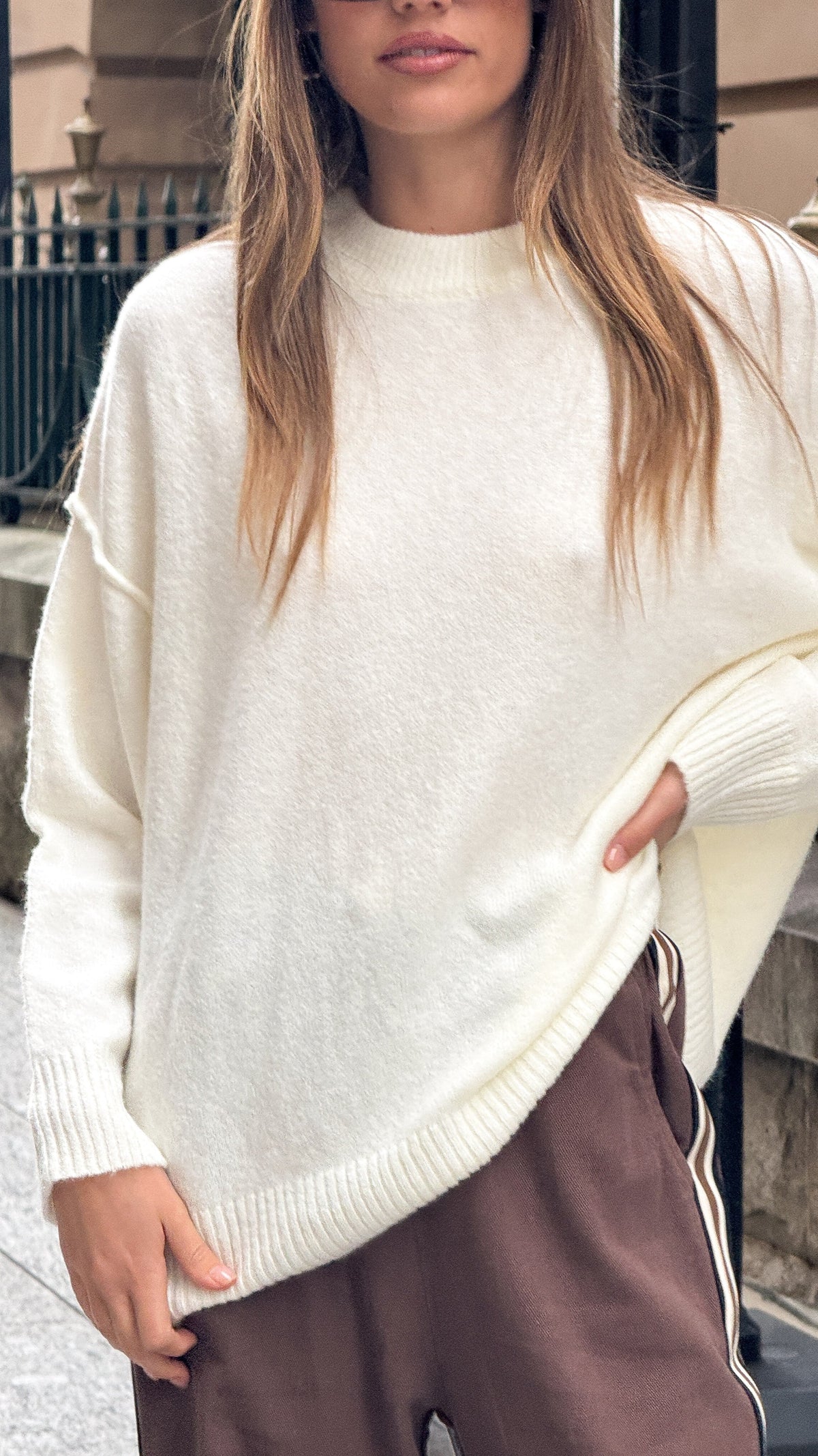 Haven Oversized Crew Neck Exposed Seam Knit Jumper – Cream – view 7