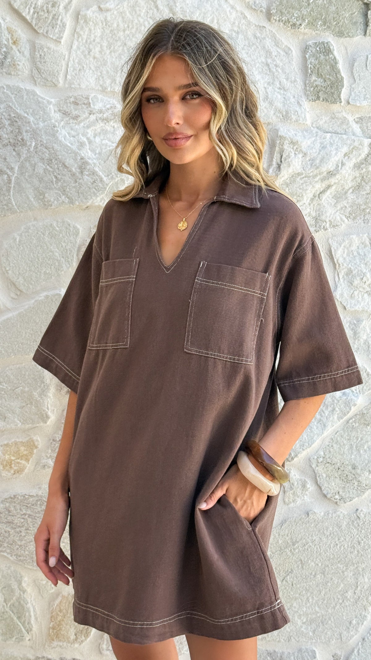 Ilia Collared V-Neck Short Sleeve Cotton Denim Mini Dress – Chocolate