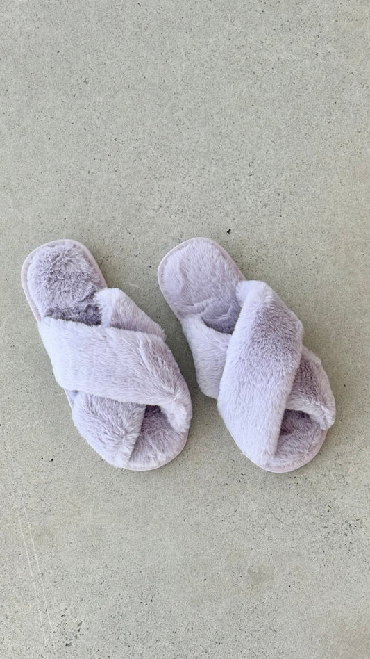 Jessica Fluffy Crossover Front Slippers with White Sole – Lilac