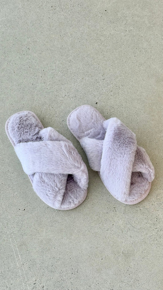 Jessica Fluffy Crossover Front Slippers with White Sole – Lilac