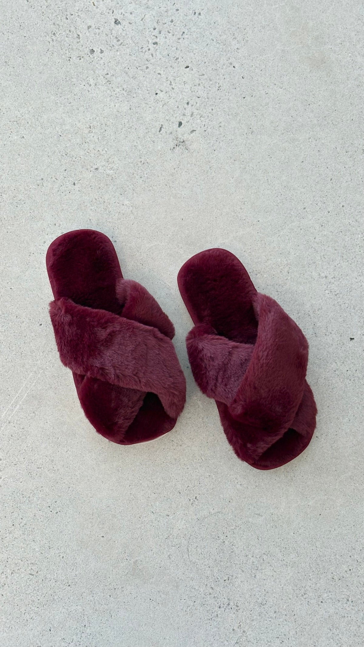 Jessica Fluffy Crossover Front Slippers with White Sole – Wine – view 2
