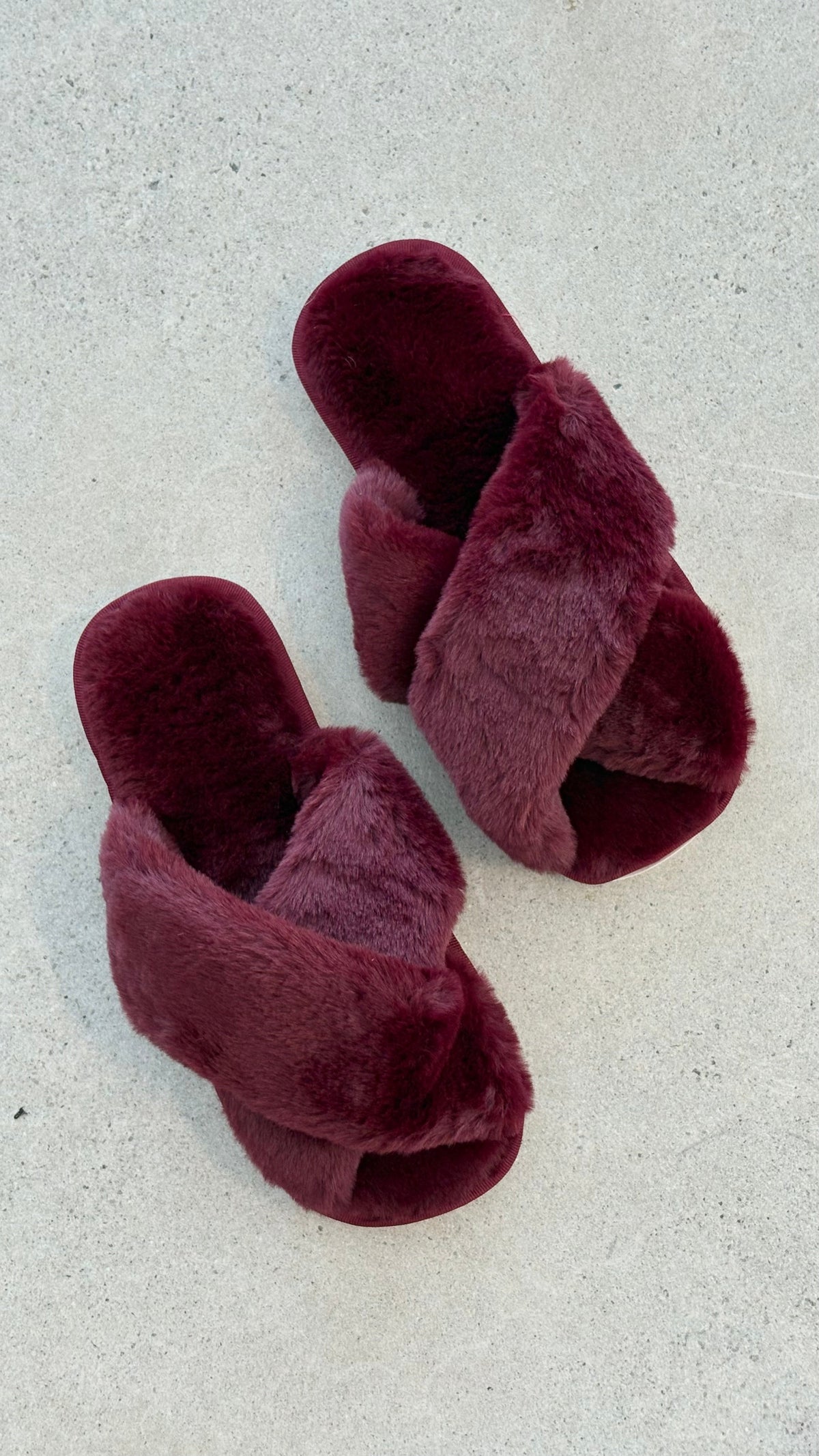 Jessica Fluffy Crossover Front Slippers with White Sole – Wine – view 1