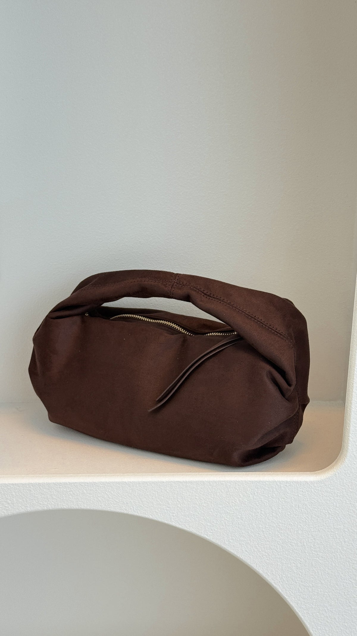 Renee Round Shoulder Bag with Gold Hardware – Chocolate Suede – view 2