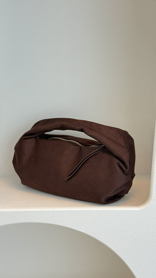 Renee Round Shoulder Bag with Gold Hardware – Chocolate Suede – view 2