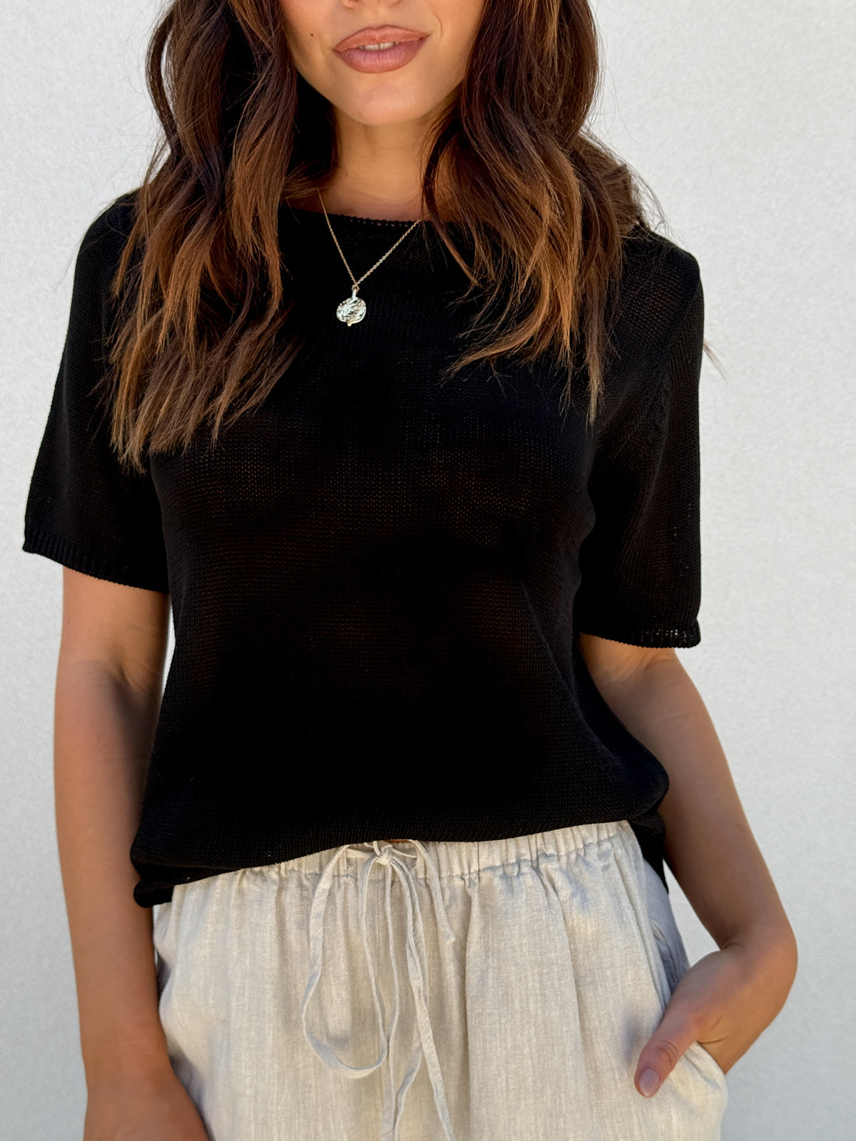 Summer Semi-Sheer Knitted Short Sleeve Tee – Black – view 3