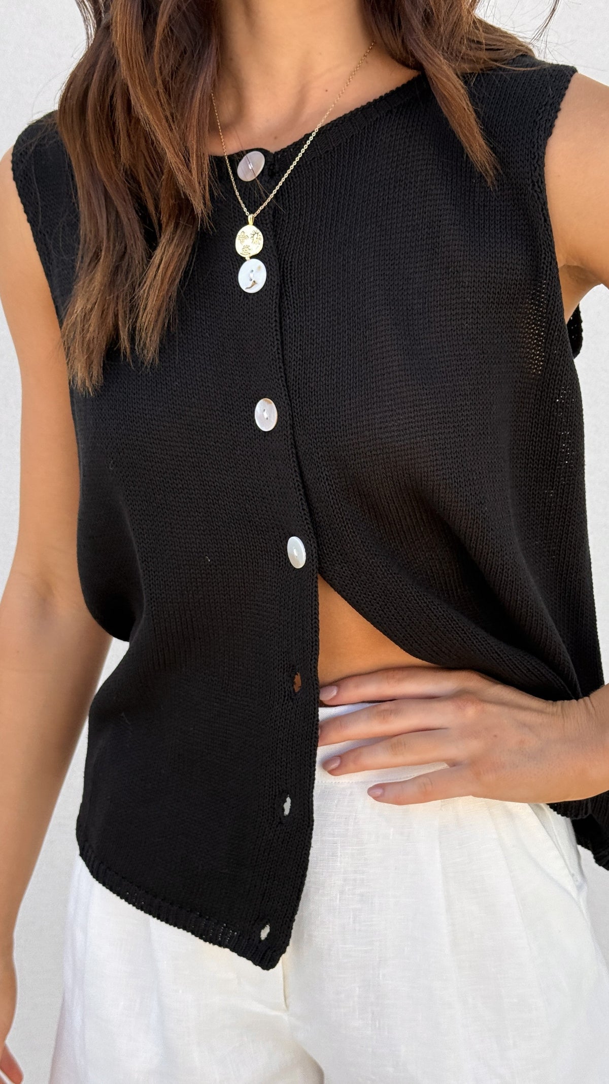 Cloe Semi-Sheer Button Up Sleeveless Knitted Top – Black – view 1