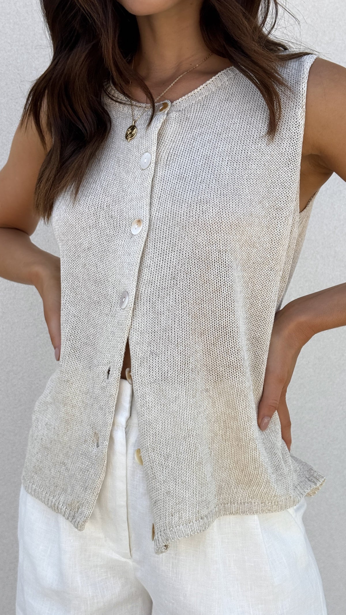 Cloe Semi-Sheer Button Up Sleeveless Knitted Top – Natural