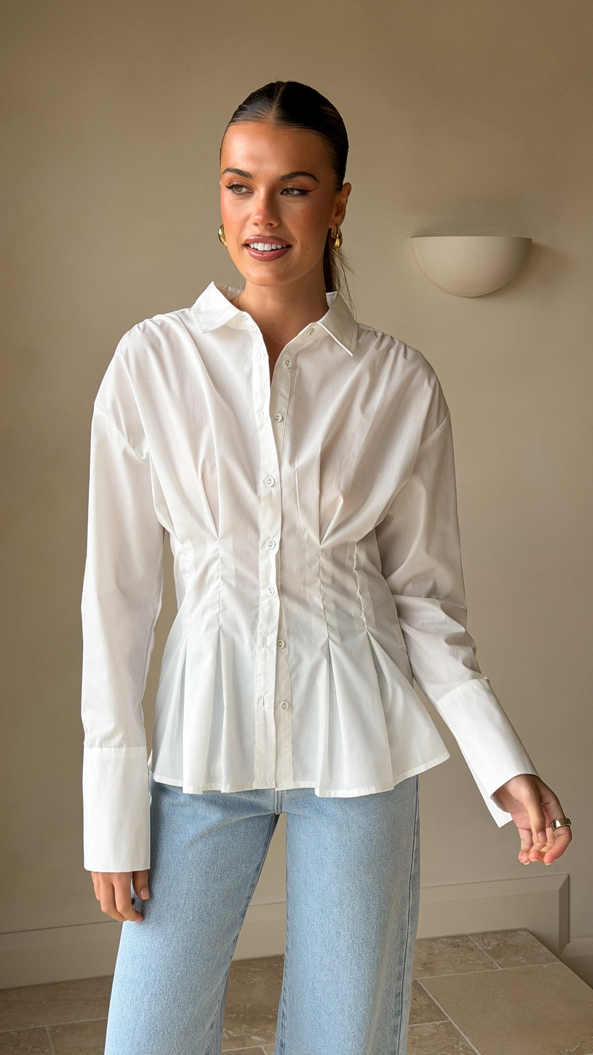 Riley Semi-Sheer Collared Blouse with Cinched Waist – White – view 4