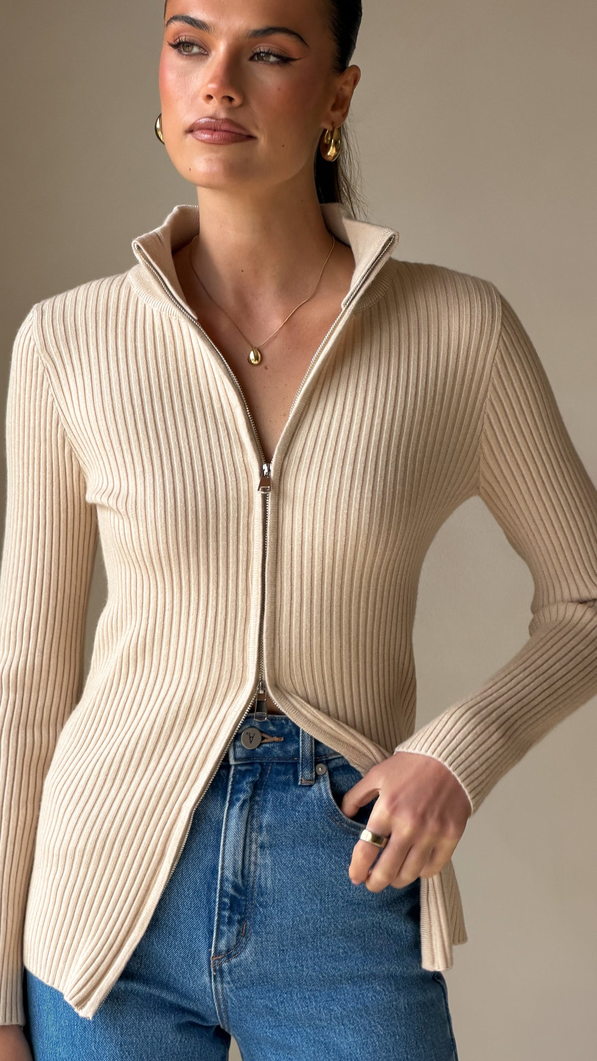 Cleo High Neck Dual Zip Ribbed Long Sleeve Top – Beige – view 5