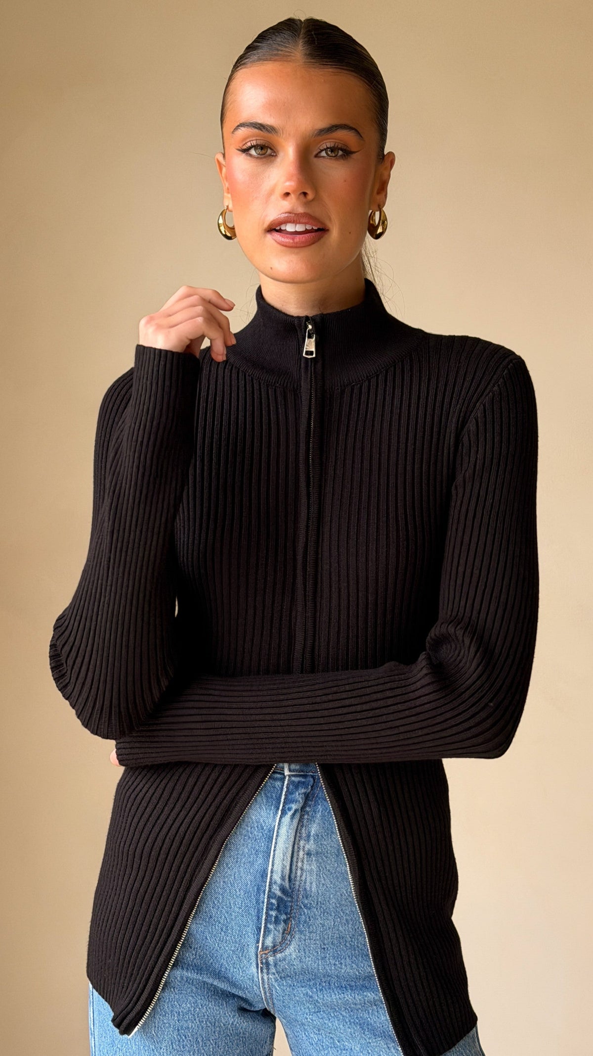 Cleo High Neck Dual Zip Ribbed Long Sleeve Top – Black – view 5
