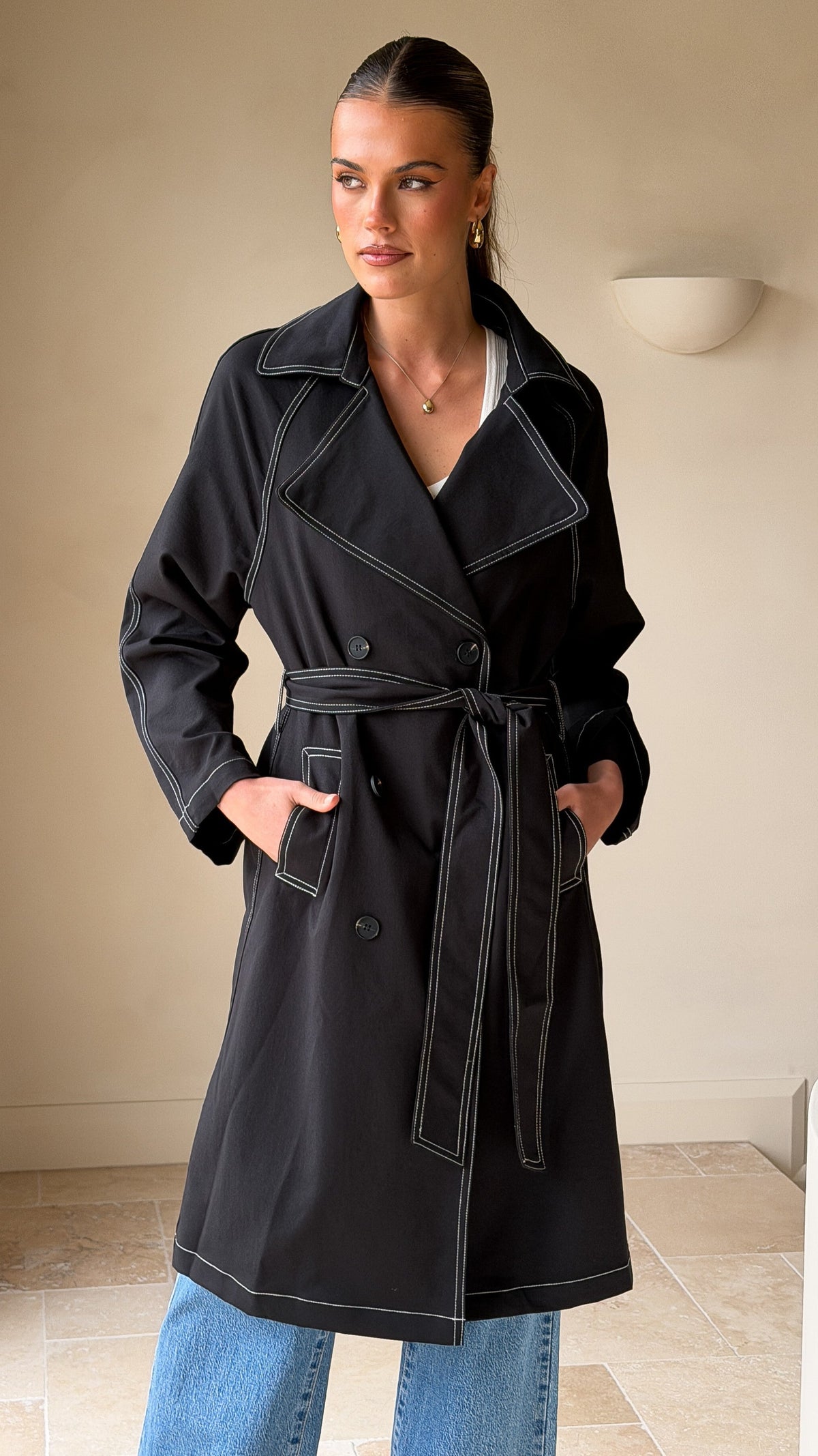 Cora Double-Breasted Longline Trench Coat with Tie Belt – Black – view 7
