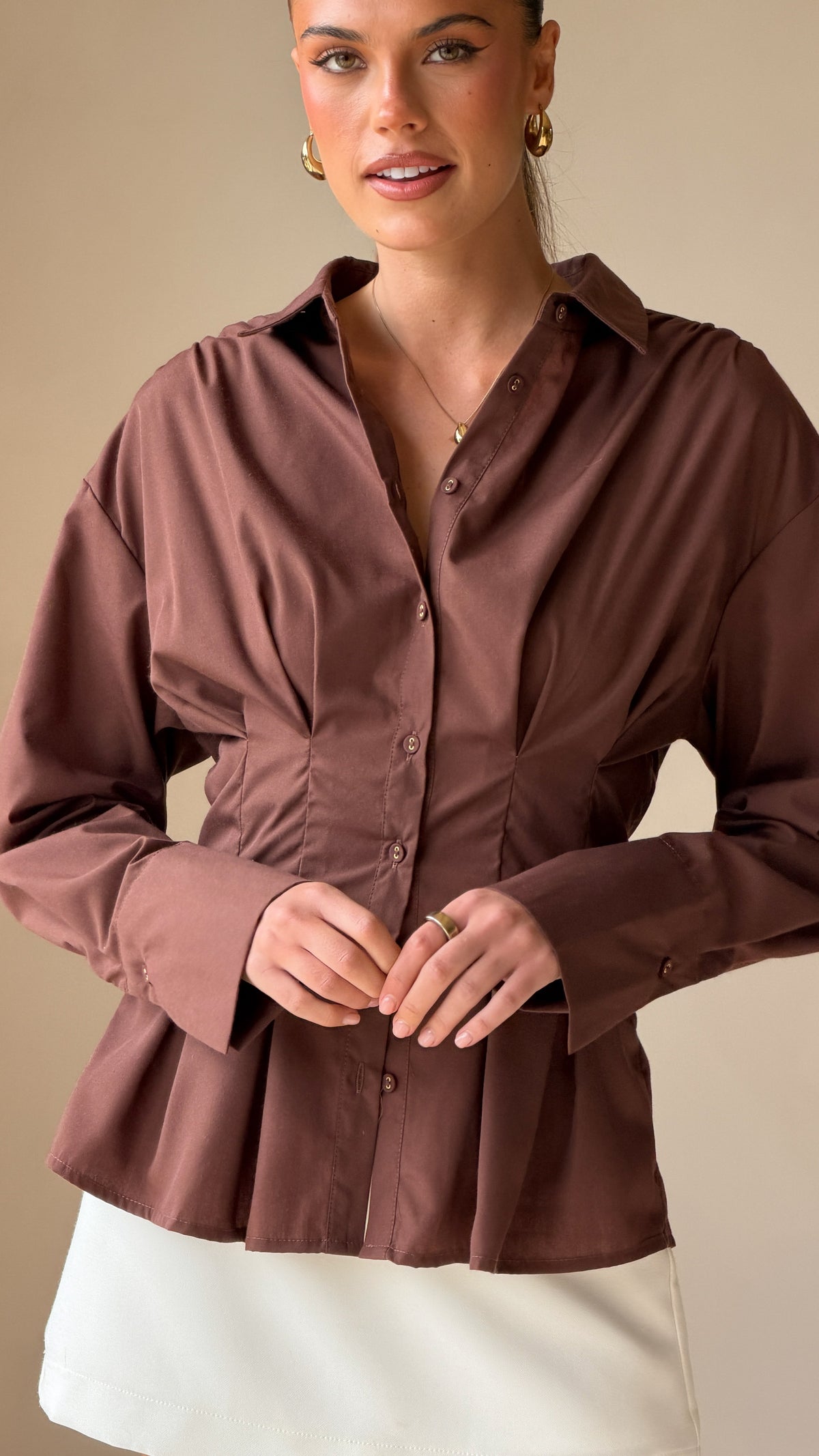 Riley Long Sleeve Cinched Waist Button-Up Blouse – Brown – view 6