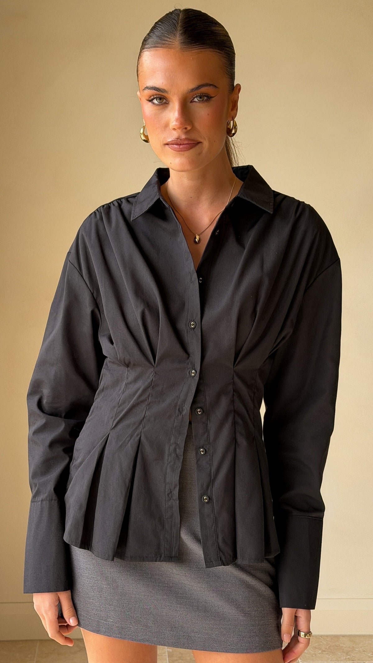Riley Collared Cinched Waist Blouse with High-Low Hem – Black – view 5