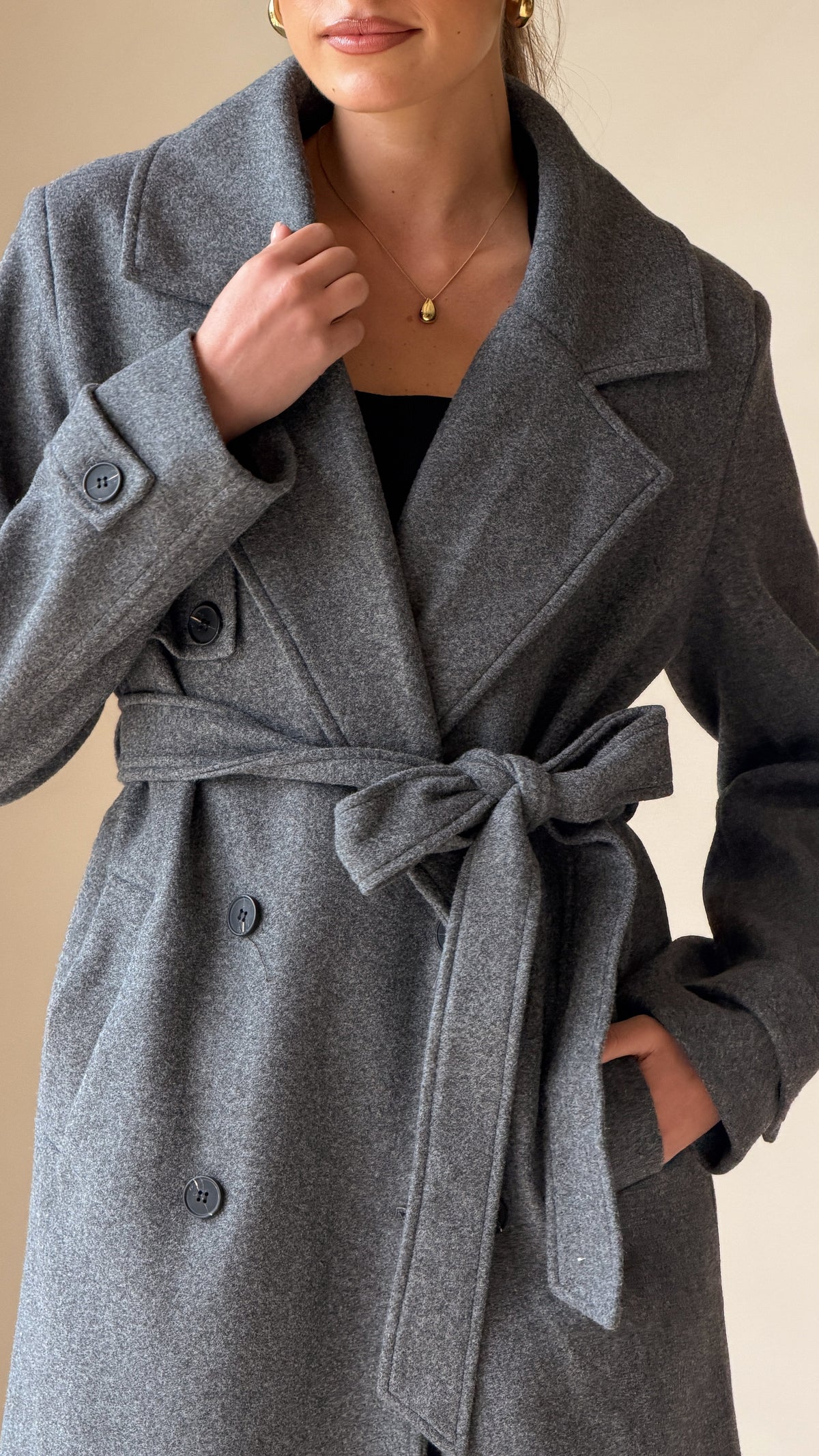 Aspen Longline Double-Breasted Coat with Waist Tie – Charcoal – view 8