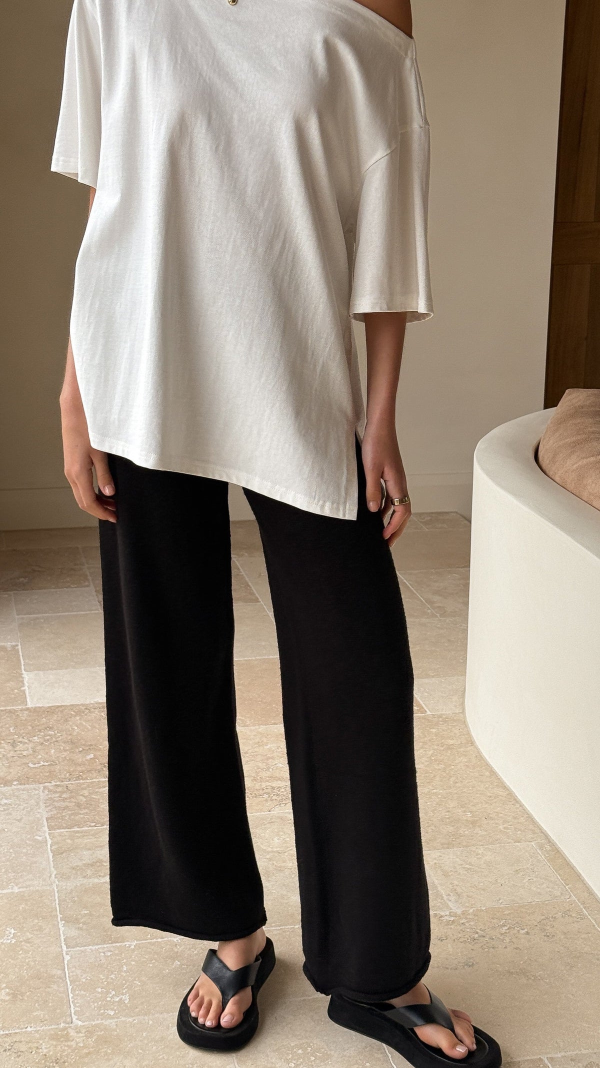 Cascadia Wide Leg Knit Trousers with Rolled Hem – Black – view 7