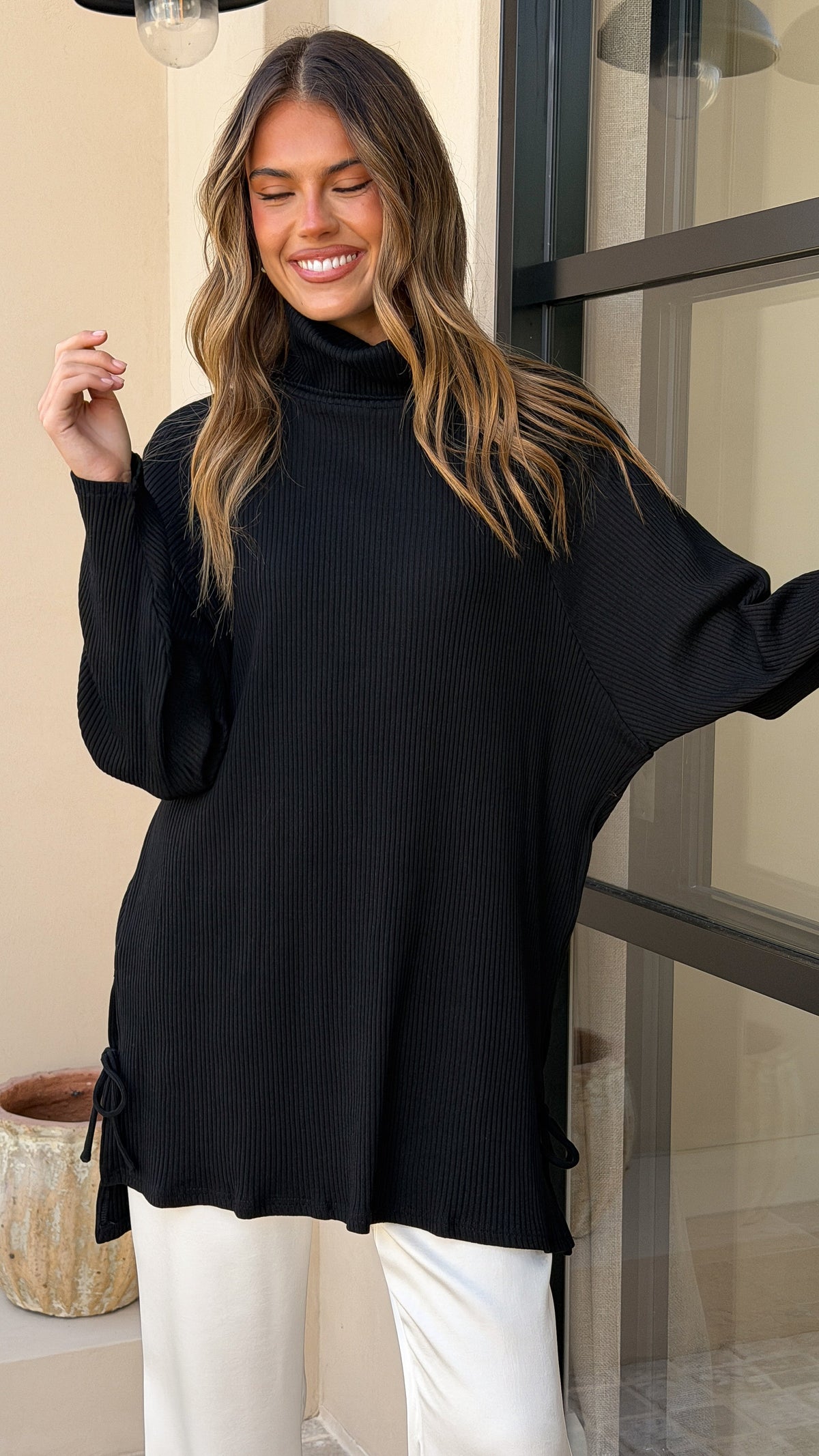 Ravio Oversized Longline Rib Knit Turtleneck Jumper – Black – view 5