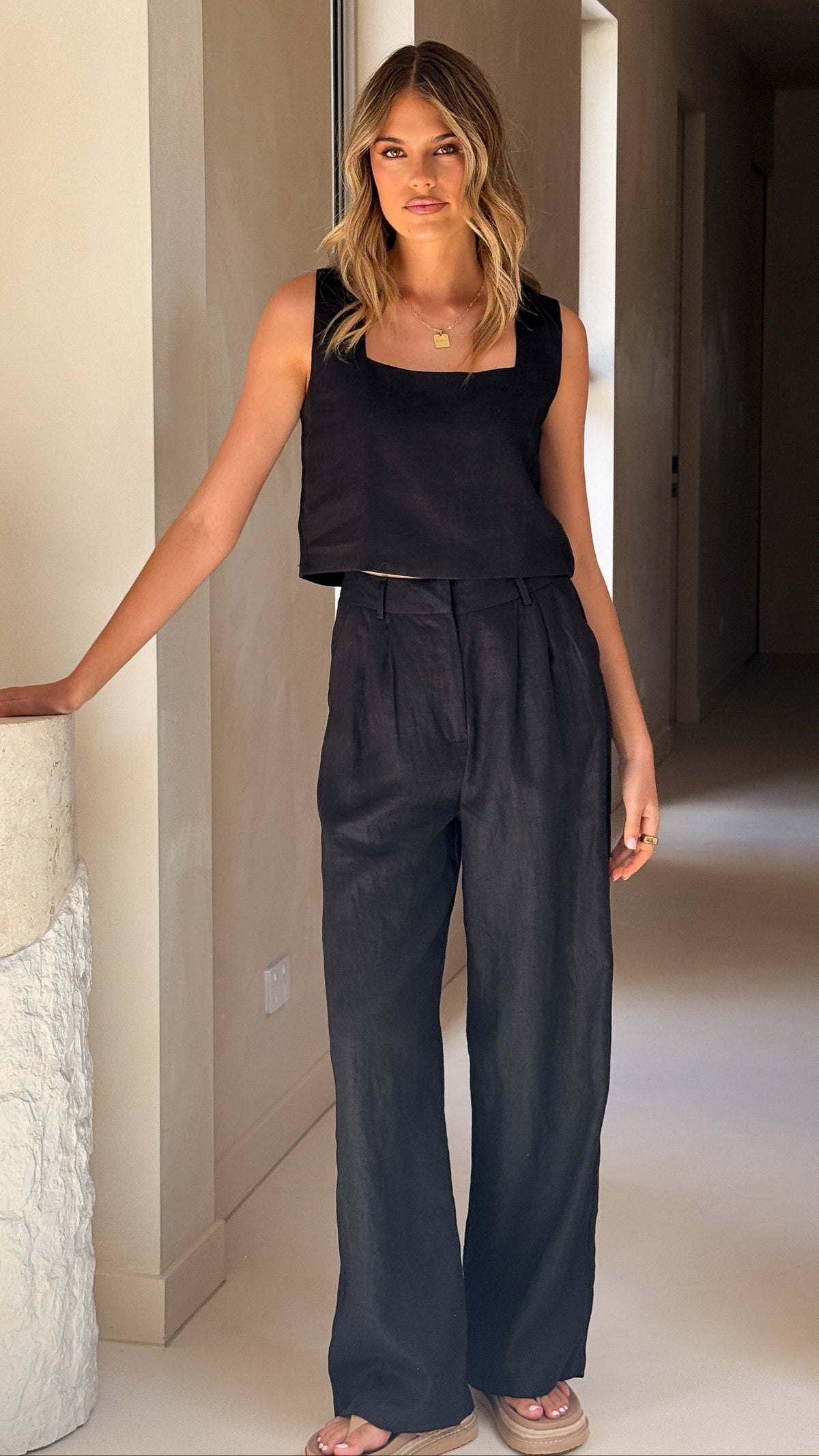 Tillie High Waisted Pleated Tailored Linen Trousers – Black – view 5