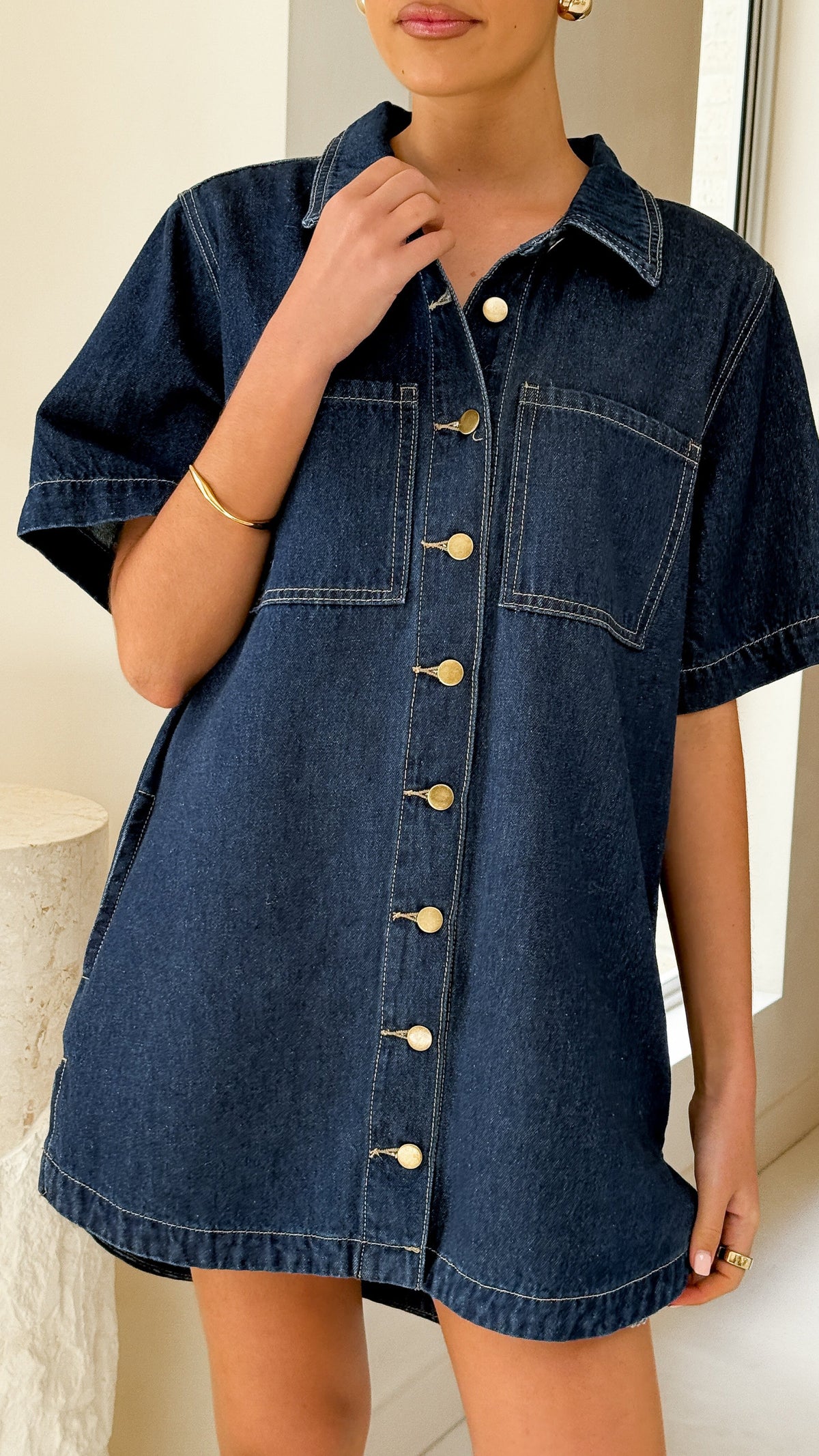 Rayna Button-Down Denim Mini Dress with Bust Pockets – Indigo – view 10