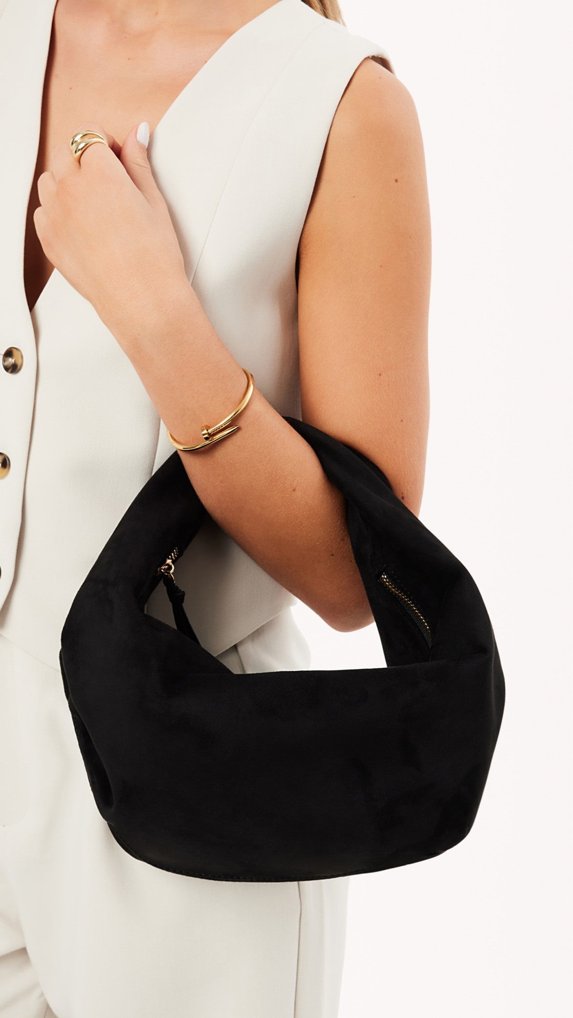 Renee Round Shoulder Bag with Gold Hardware – Black Suede – view 2