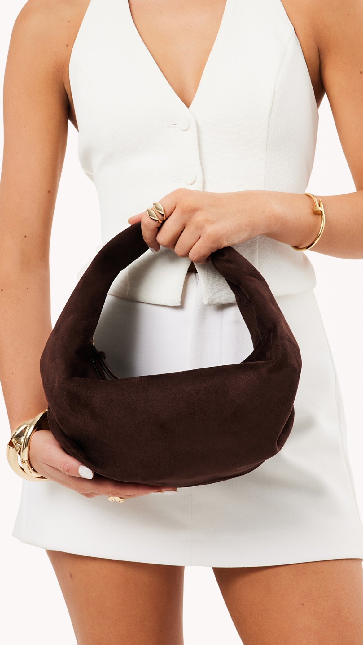 Renee Round Shoulder Bag with Gold Hardware – Chocolate Suede