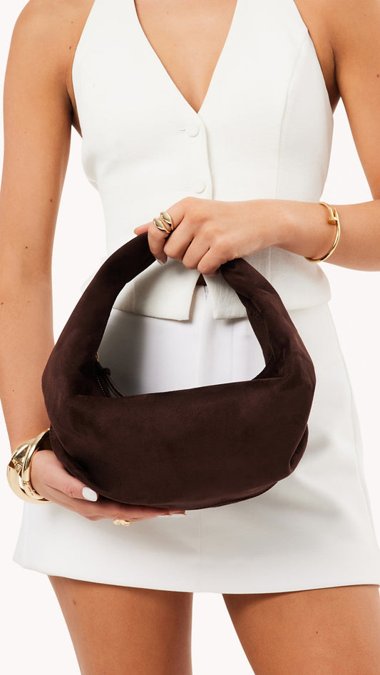 Renee Round Shoulder Bag with Gold Hardware – Chocolate Suede