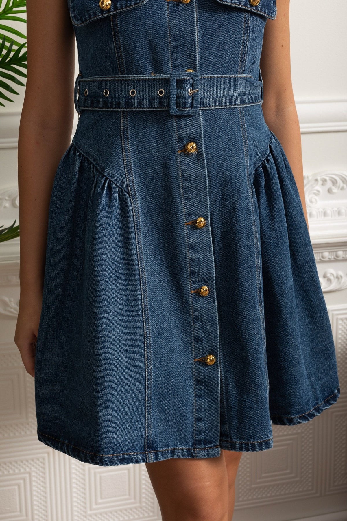 Belted Denim Button Front Sleeveless Mini Dress – Blue – view 5