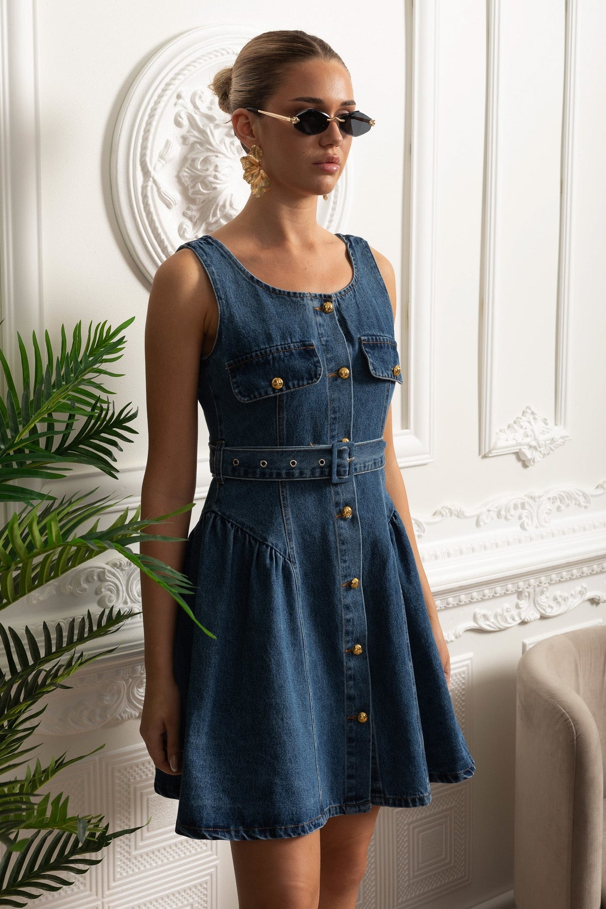 Belted Denim Button Front Sleeveless Mini Dress – Blue
