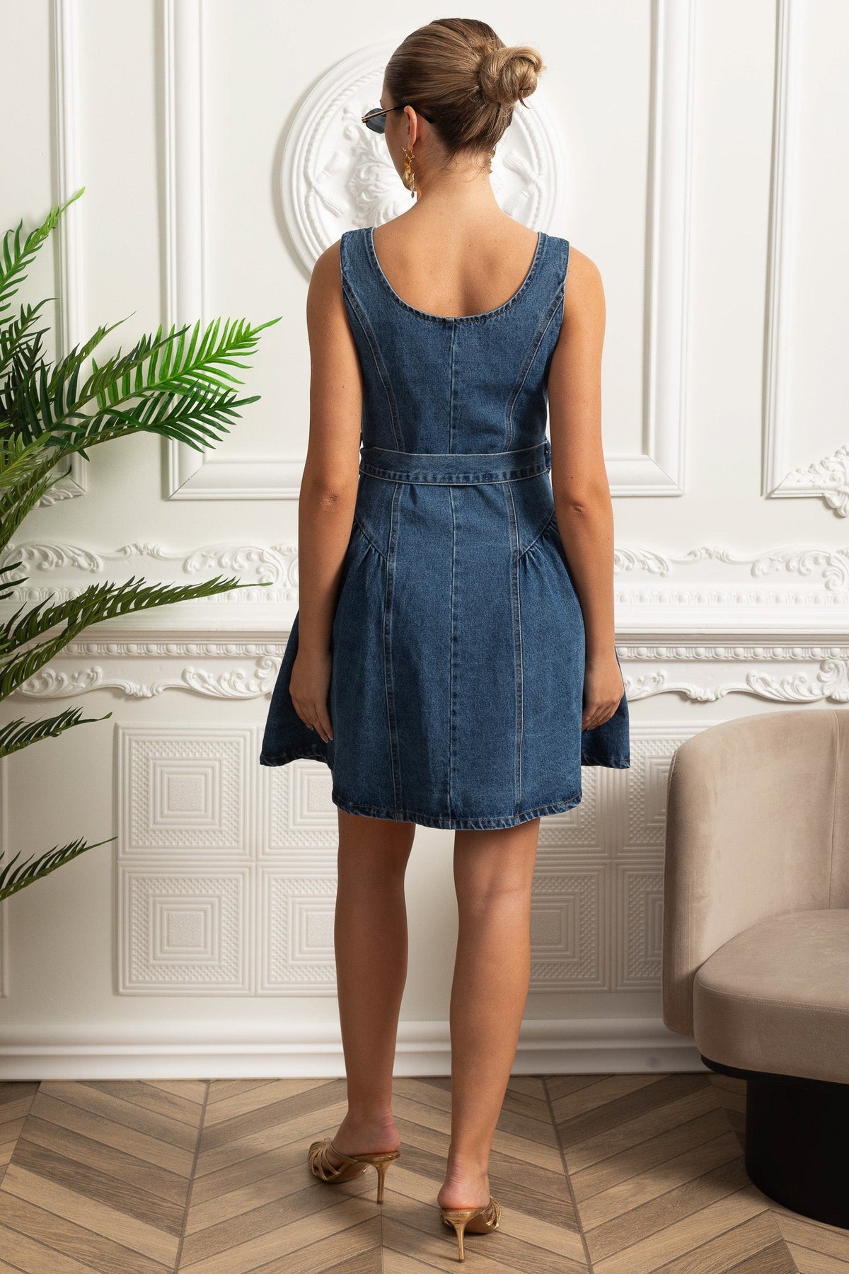 Belted Denim Button Front Sleeveless Mini Dress – Blue