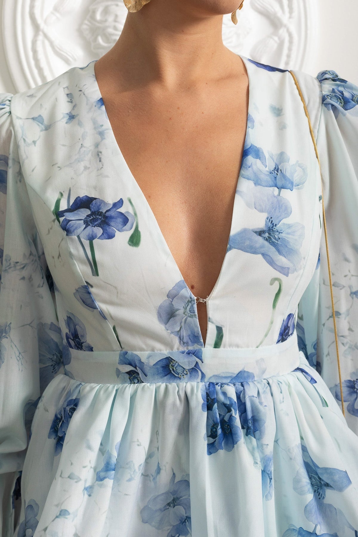 Watercolour Floral V-Neck Volume Sleeve Peplum Mini Dress – White & Blue – view 5