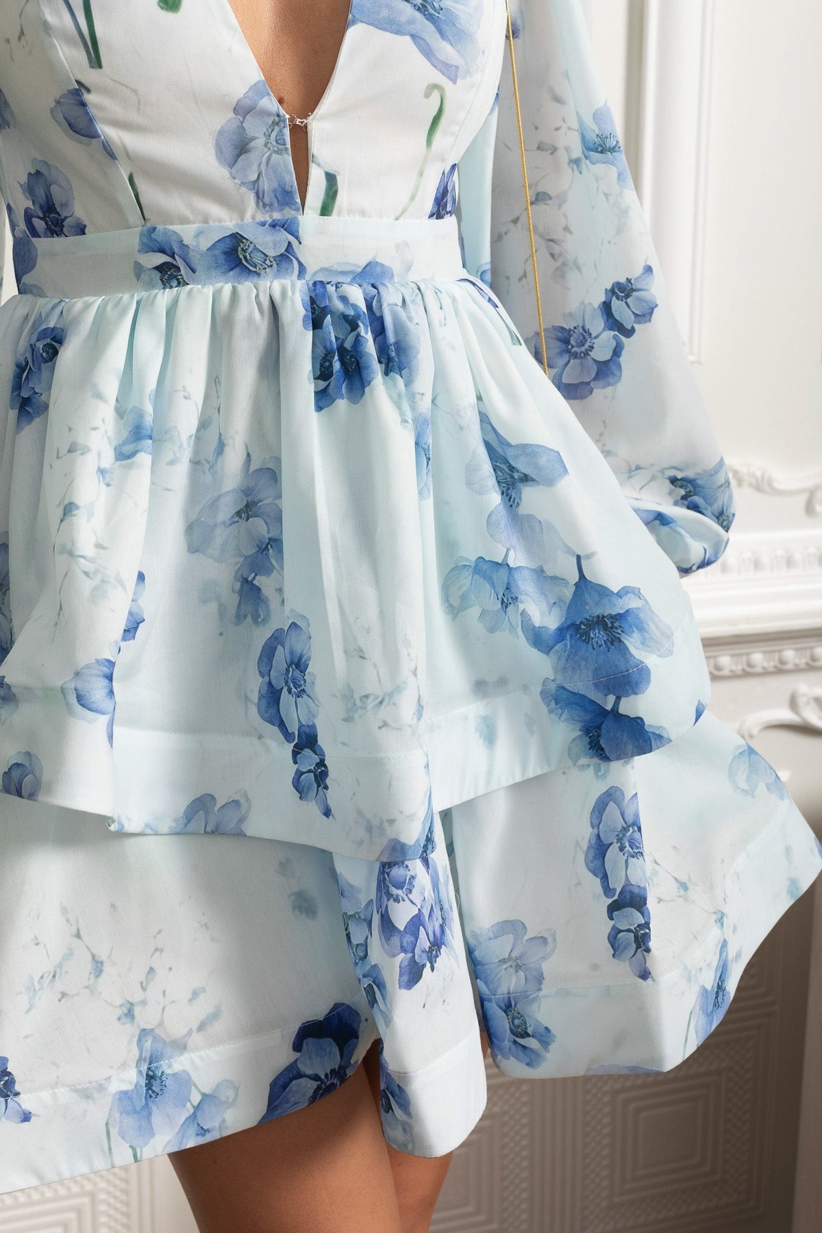 Watercolour Floral V-Neck Volume Sleeve Peplum Mini Dress – White & Blue – view 6