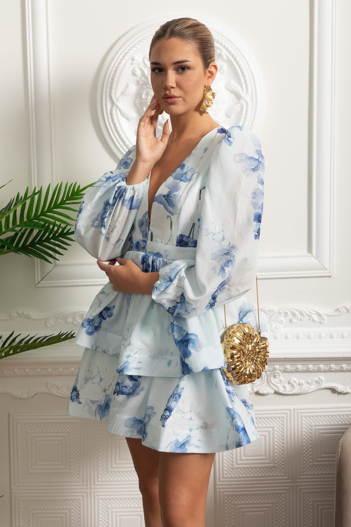 Watercolour Floral V-Neck Volume Sleeve Peplum Mini Dress – White & Blue – view 2
