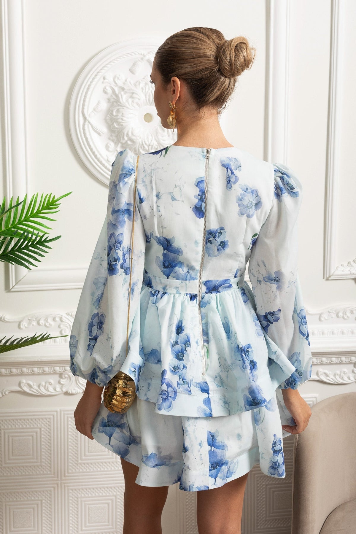 Watercolour Floral V-Neck Volume Sleeve Peplum Mini Dress – White & Blue – view 9