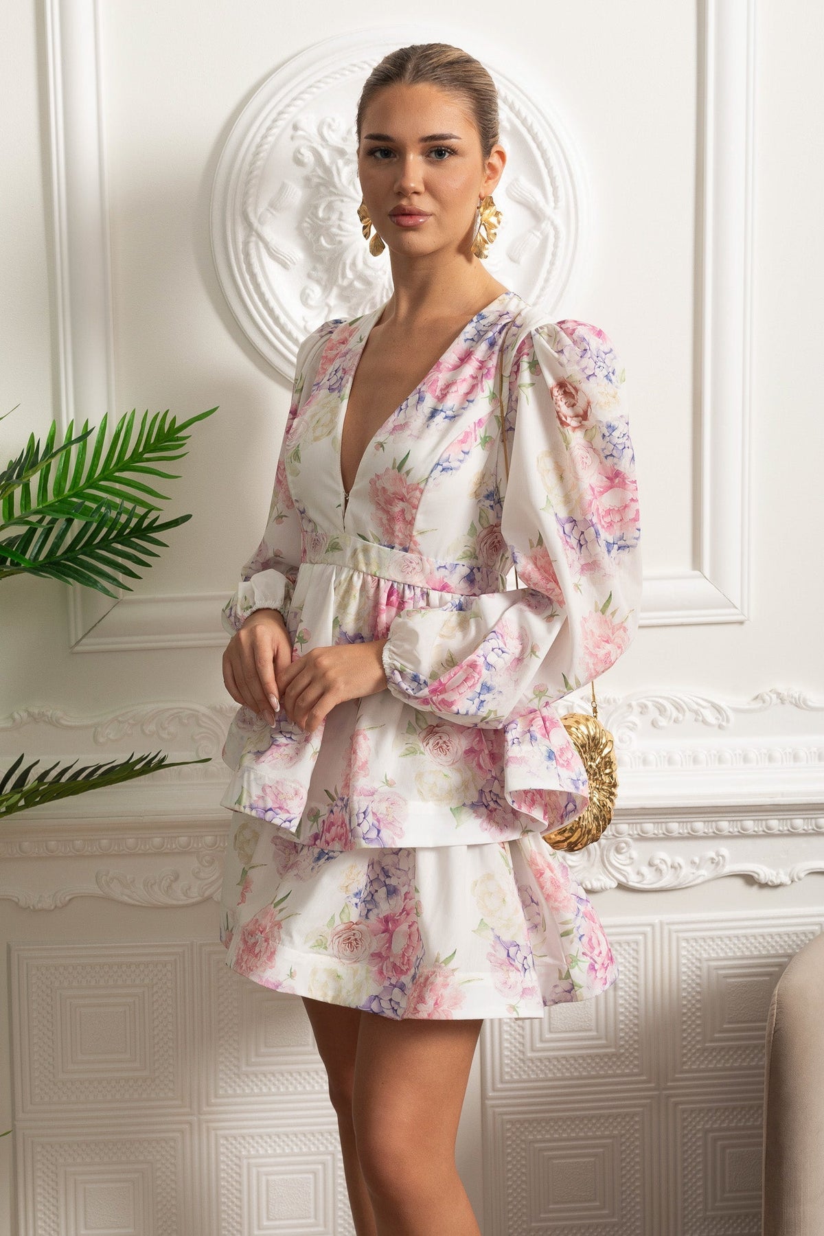 Watercolour Floral V-Neck Volume Sleeve Peplum Mini Dress – White & Pink – view 8