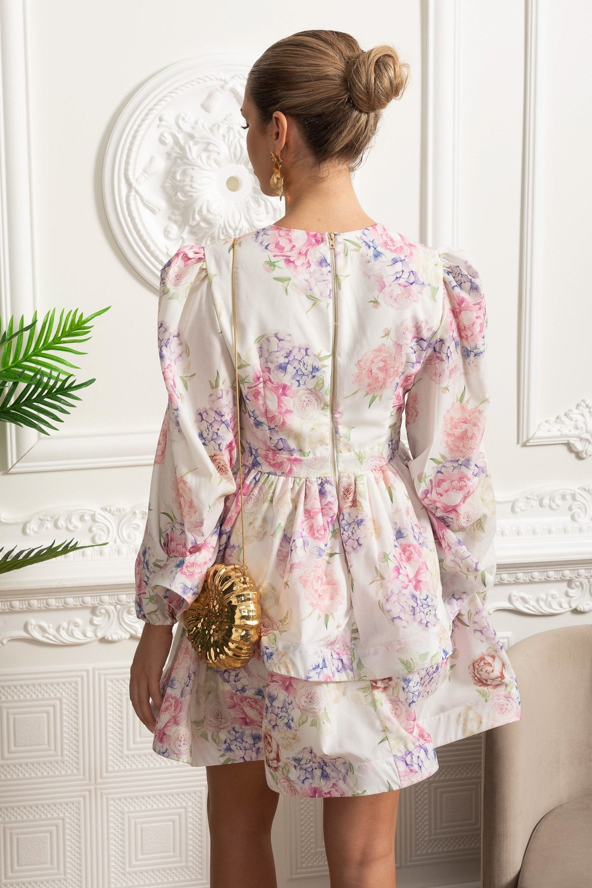 Watercolour Floral V-Neck Volume Sleeve Peplum Mini Dress – White & Pink – view 9