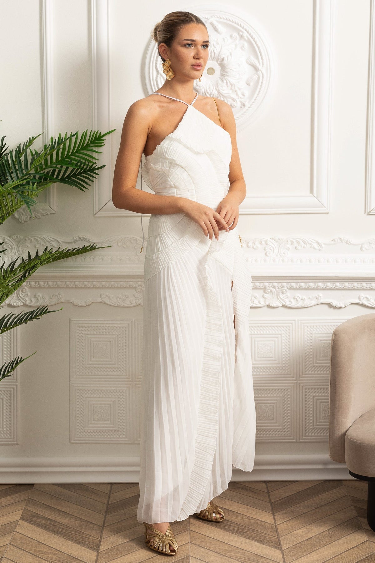 Accordion Pleated Halter Midi Dress with Cascading Ruffles – White – view 10